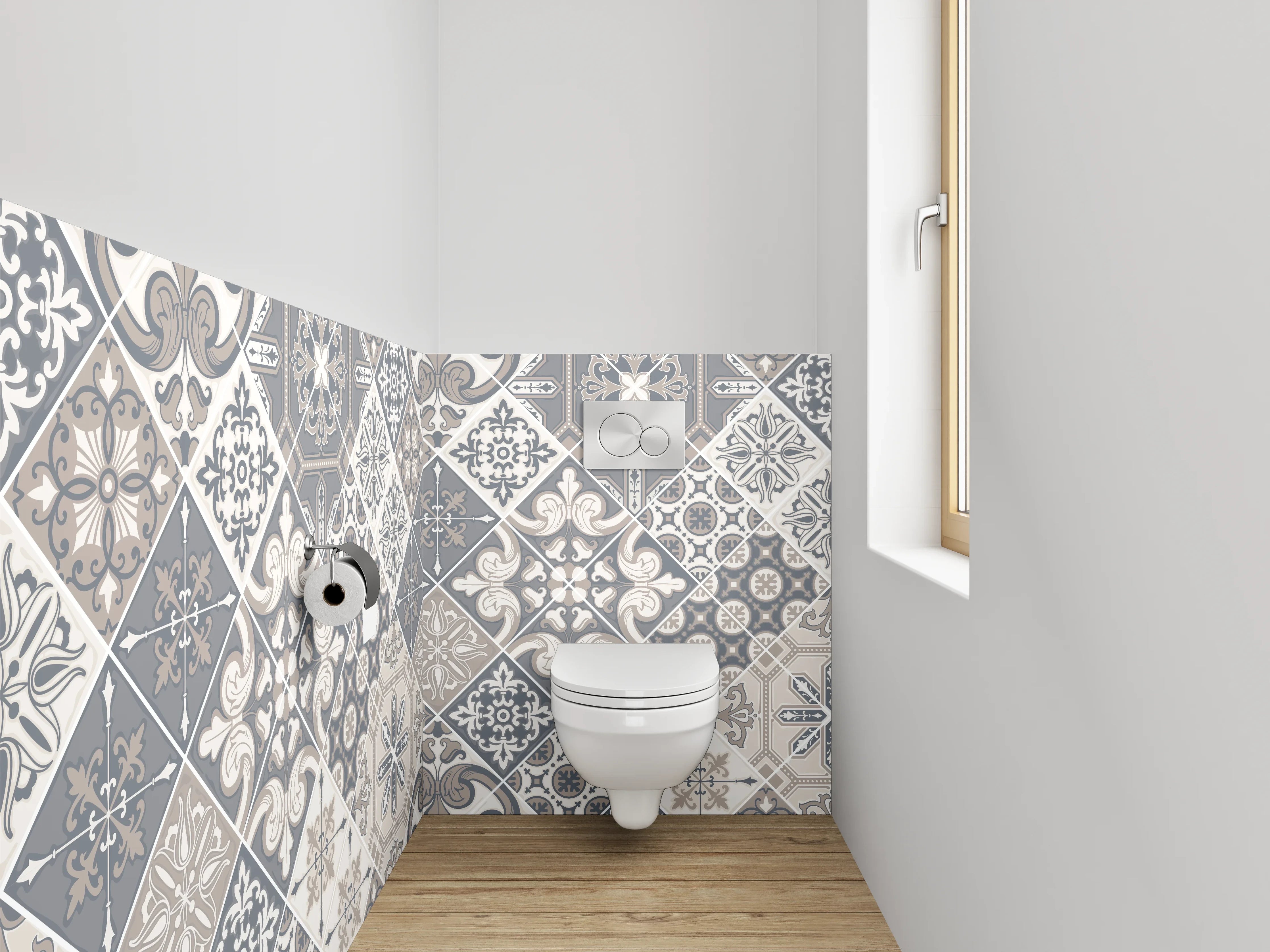 WC-Rückwand - Vintage Fliesenmuster Grau Beige Weiß