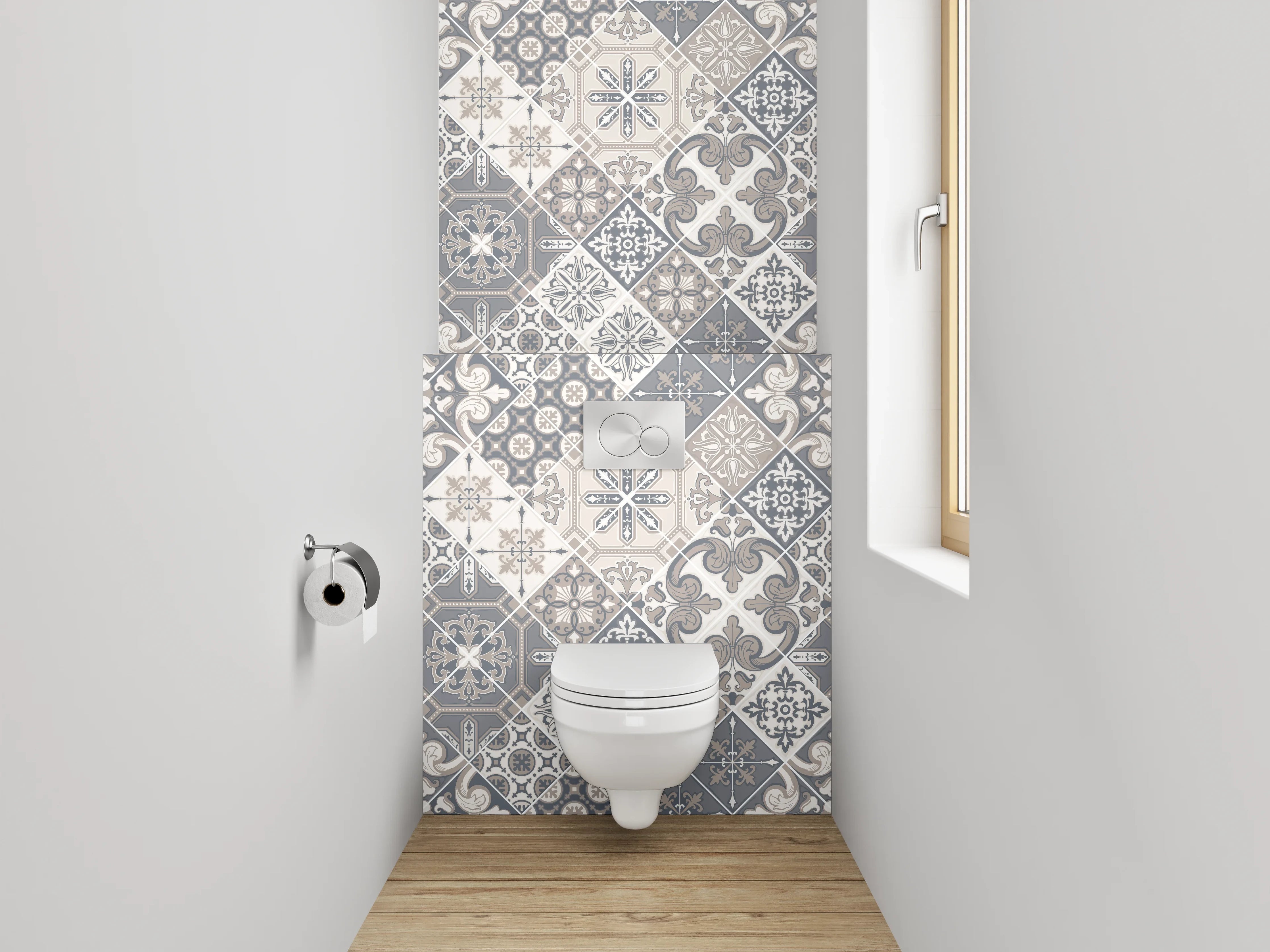 WC-Rückwand - Vintage Fliesenmuster Grau Beige Weiß