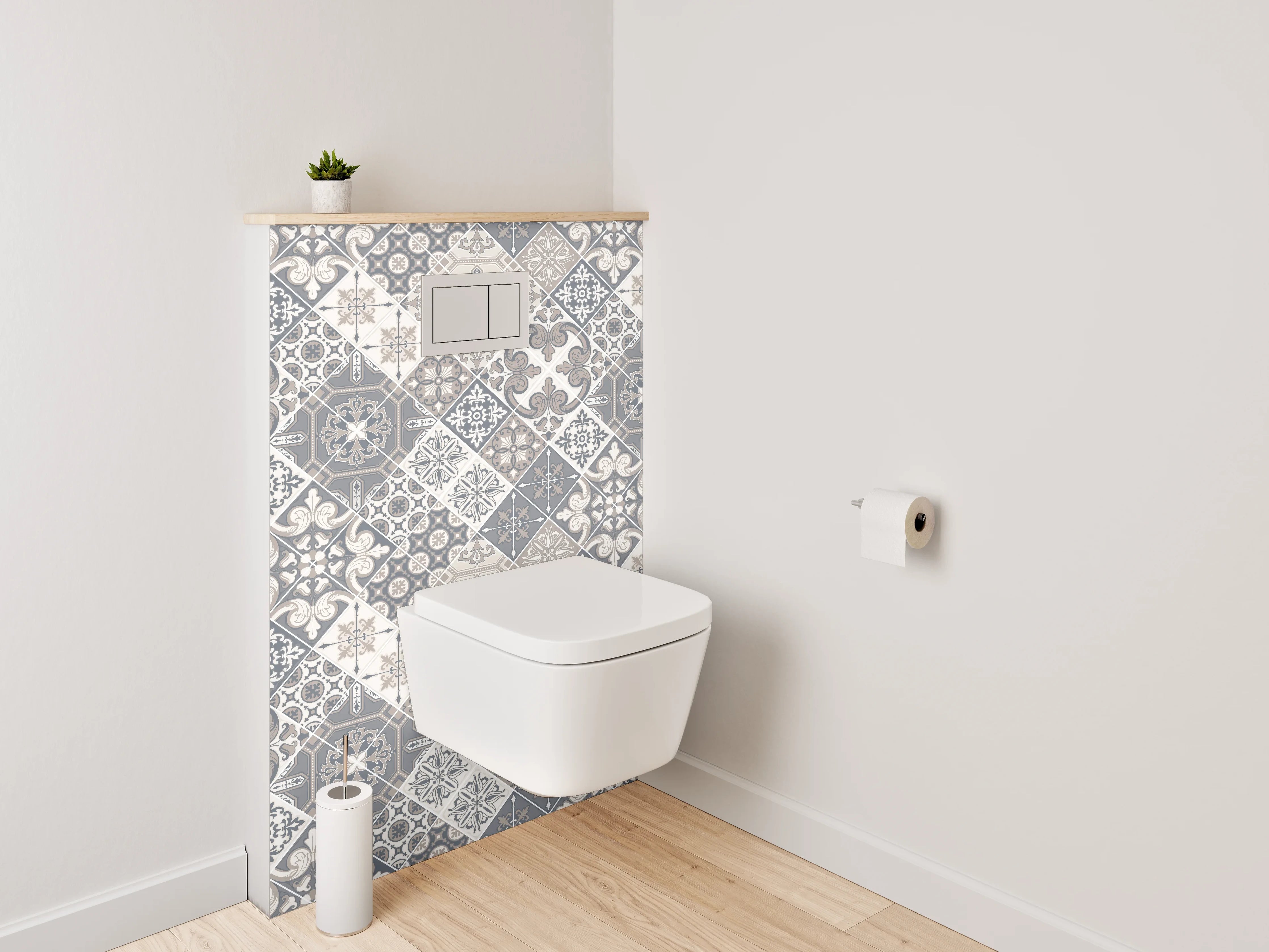 WC-Rückwand - Vintage Fliesenmuster Grau Beige Weiß
