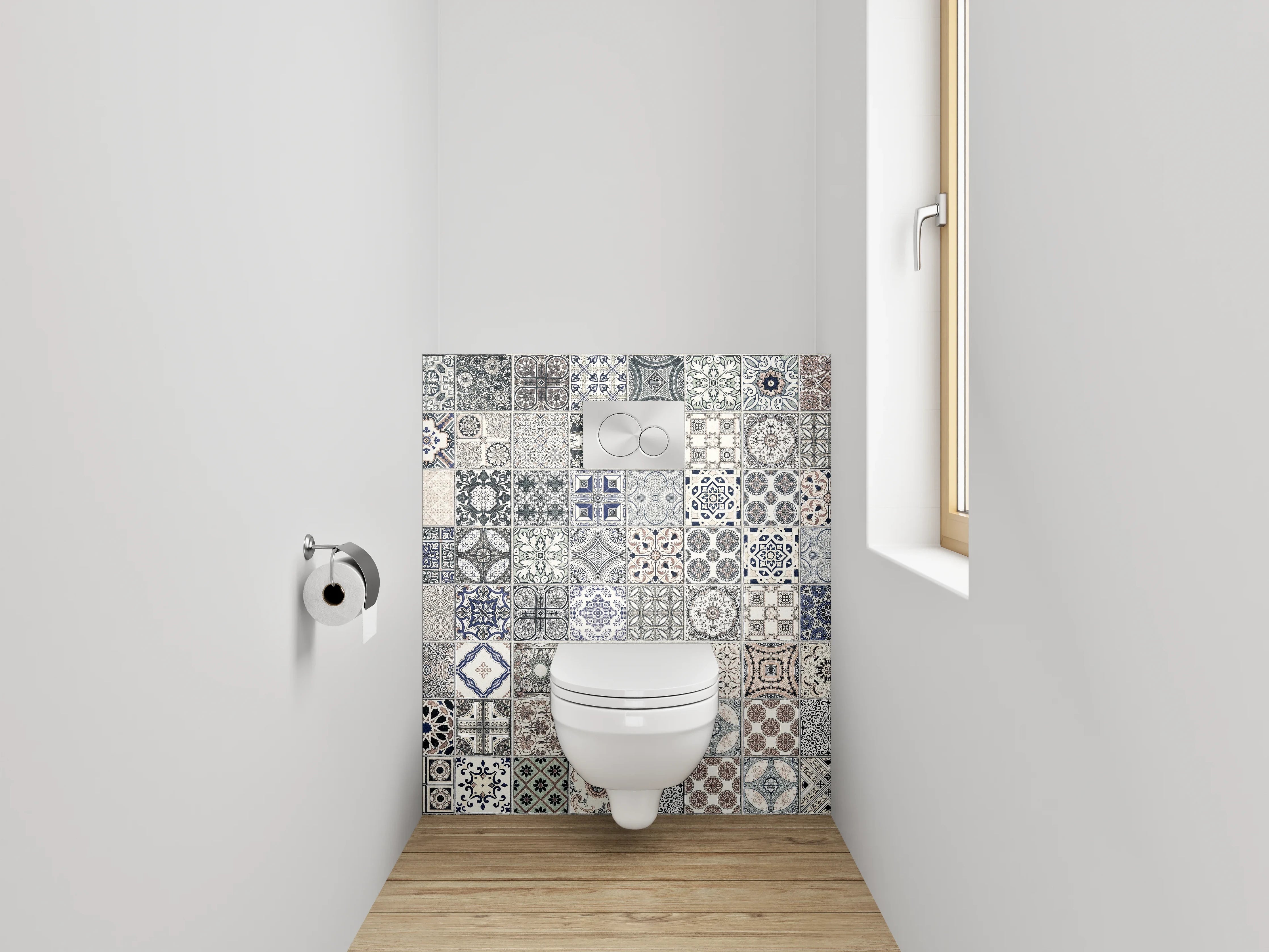 WC-Rückwand - Vintage Fliesenmuster Grau Blau Beige