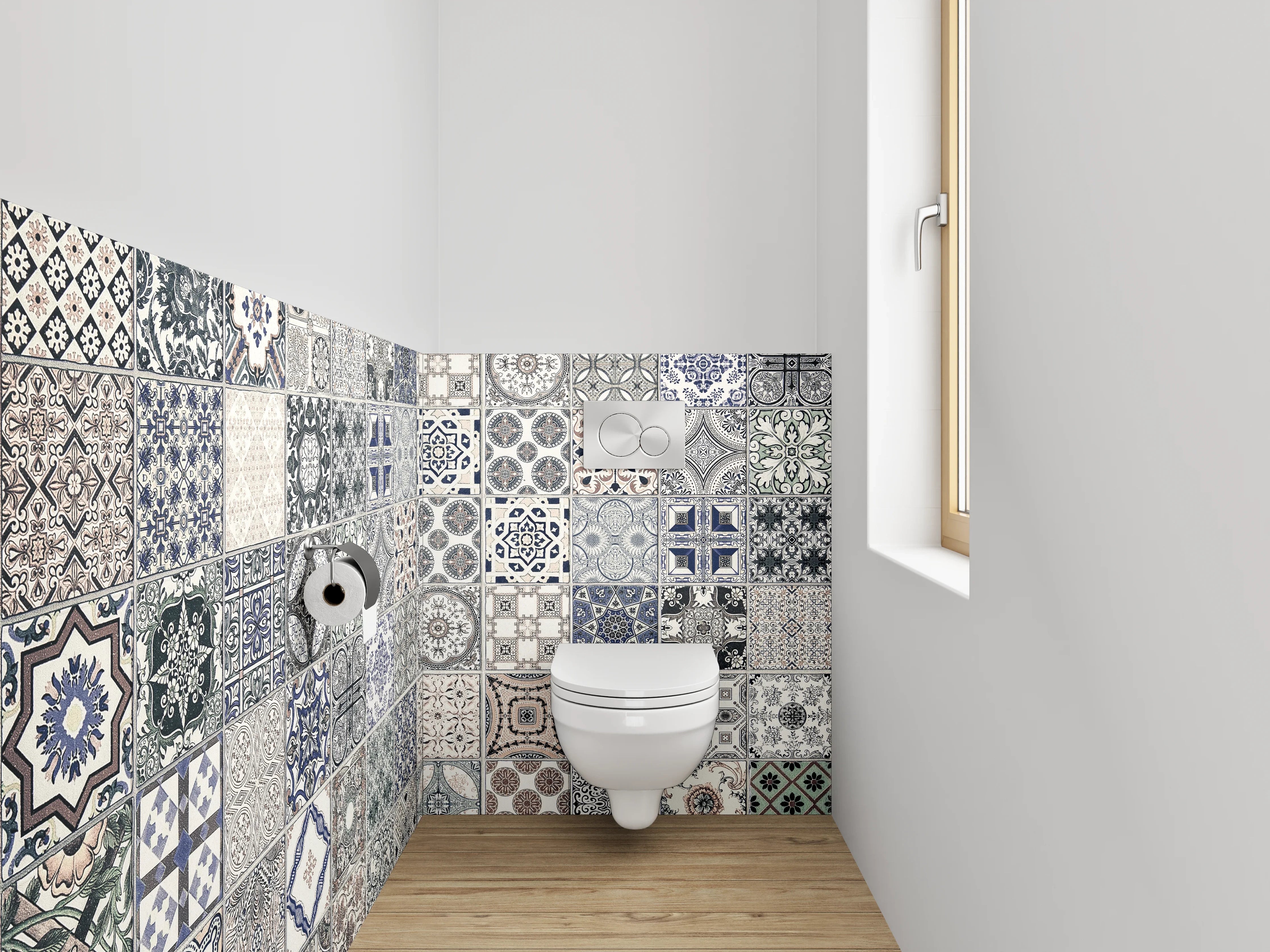 WC-Rückwand - Vintage Fliesenmuster Grau Blau Beige