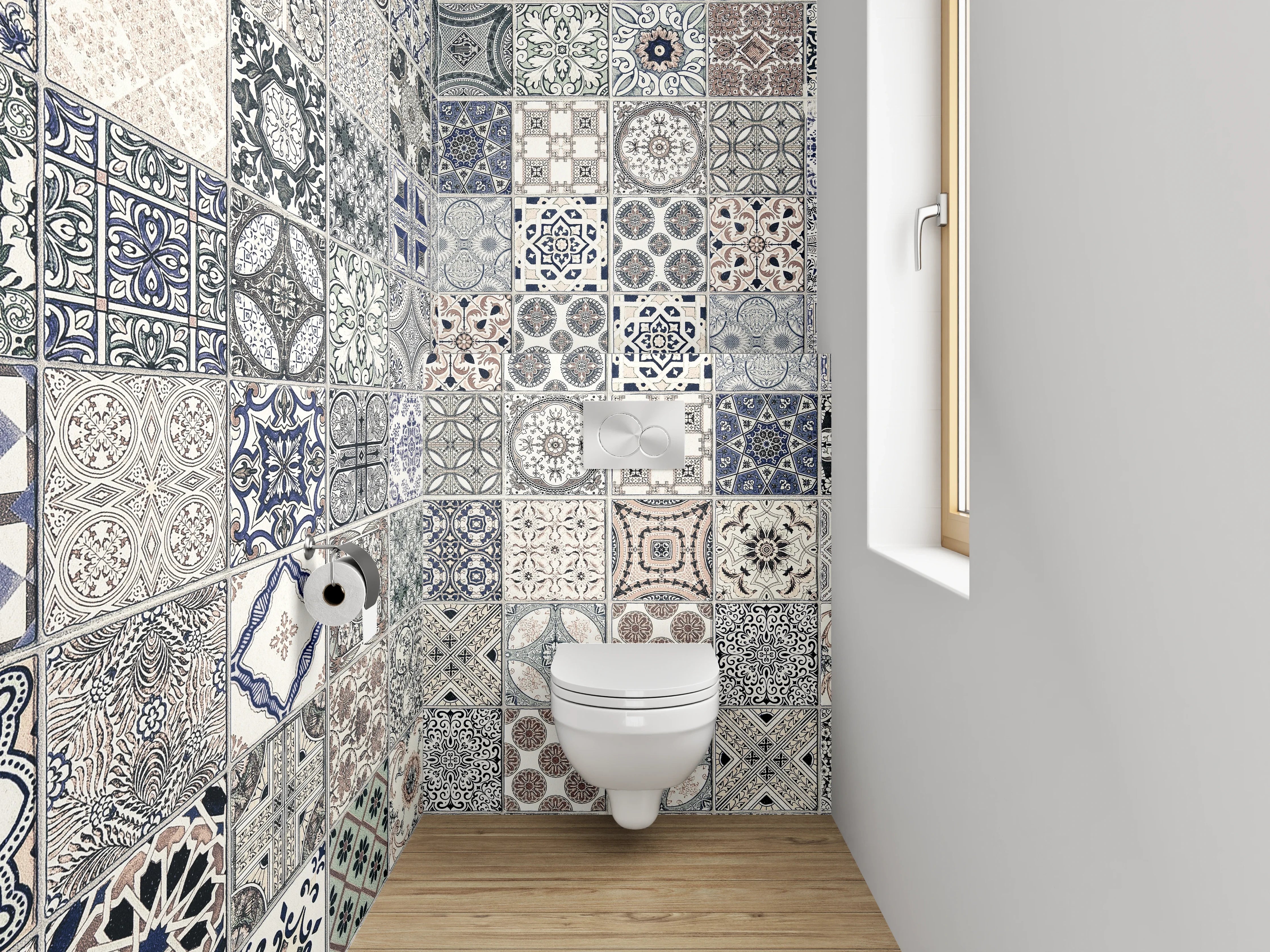 WC-Rückwand - Vintage Fliesenmuster Grau Blau Beige