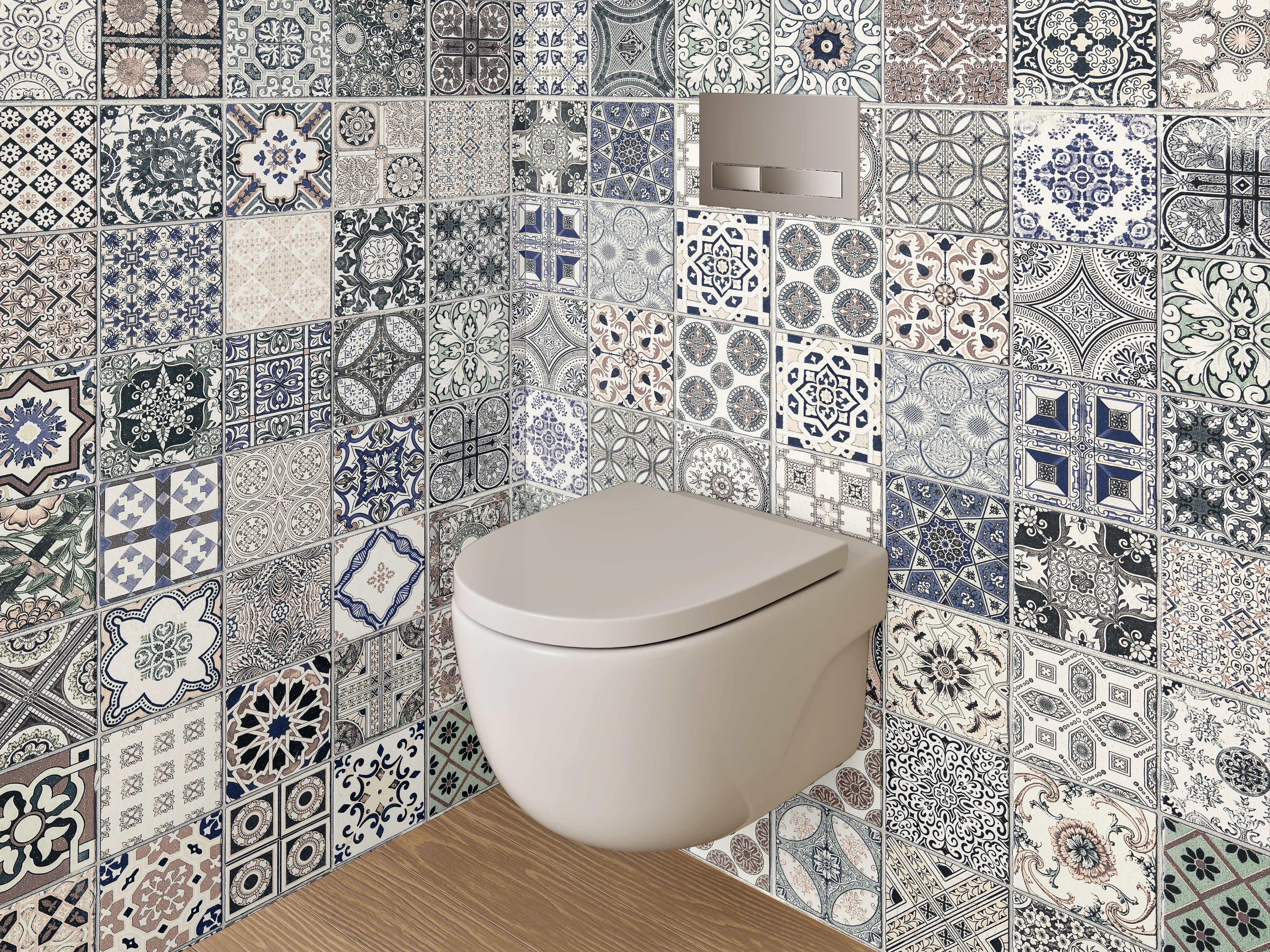 WC-Rückwand - Vintage Fliesenmuster Grau Blau Beige