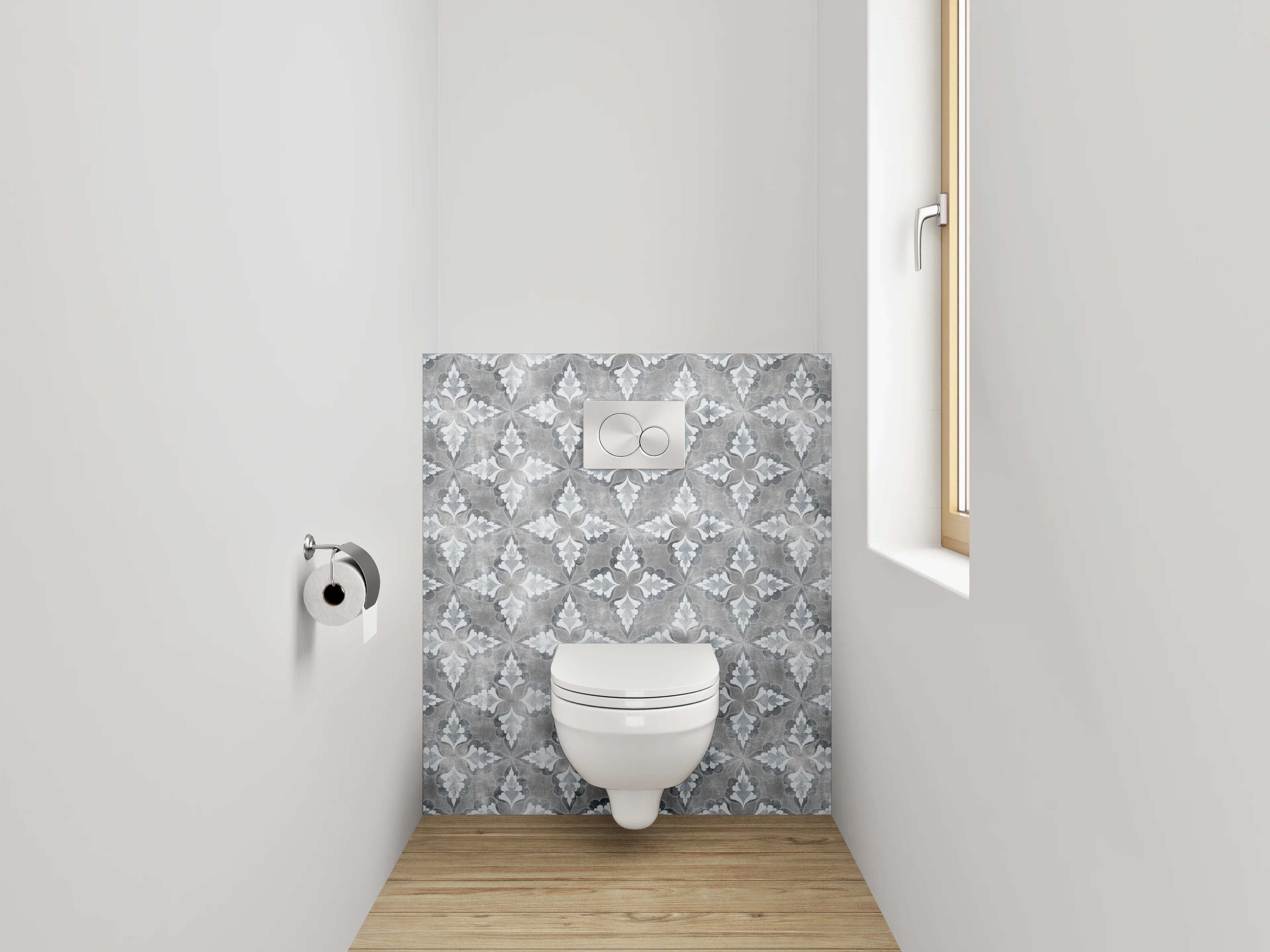 WC-Rückwand - Vintage Fliesenmuster Grau Weiß