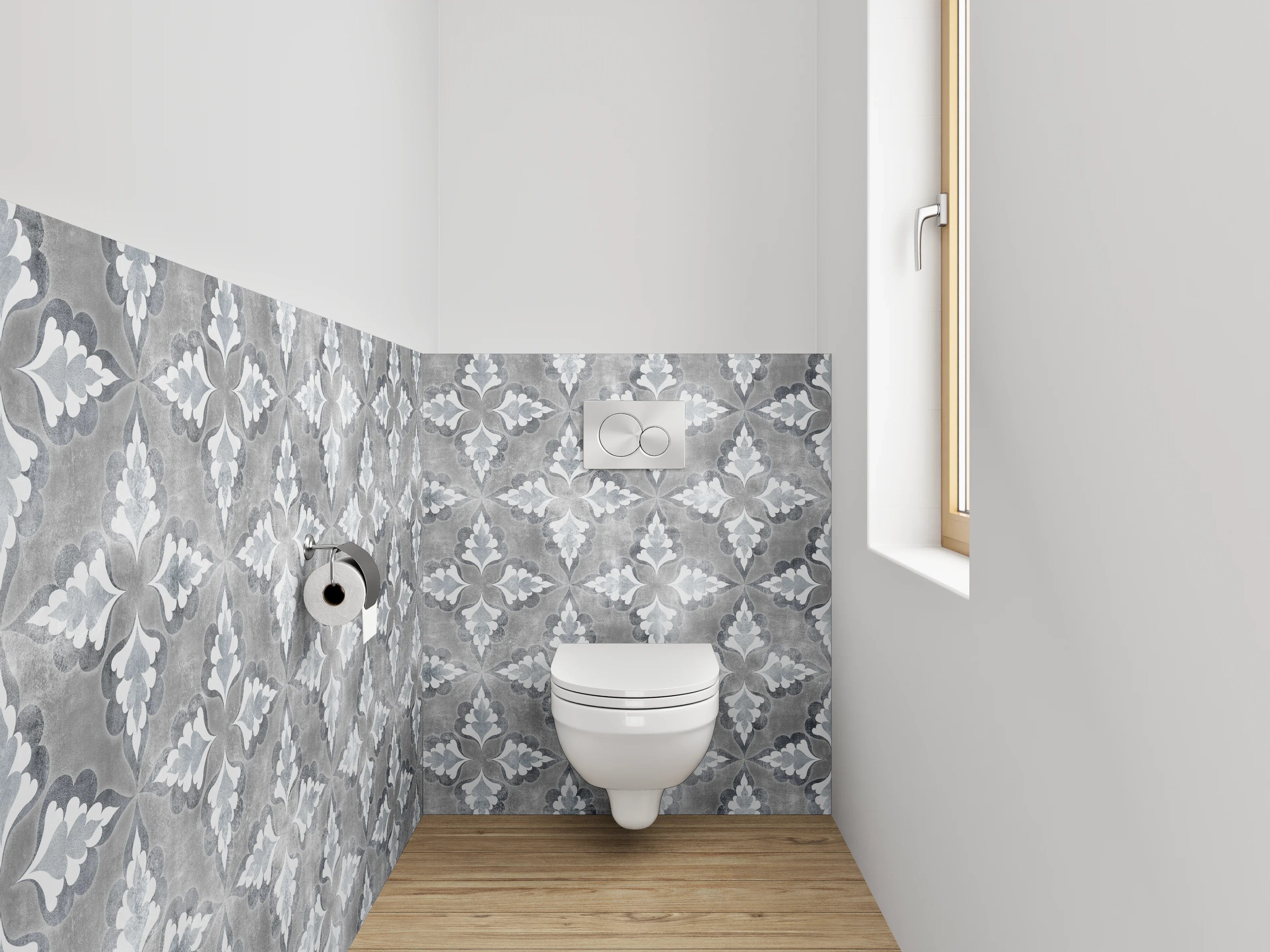 WC-Rückwand - Vintage Fliesenmuster Grau Weiß
