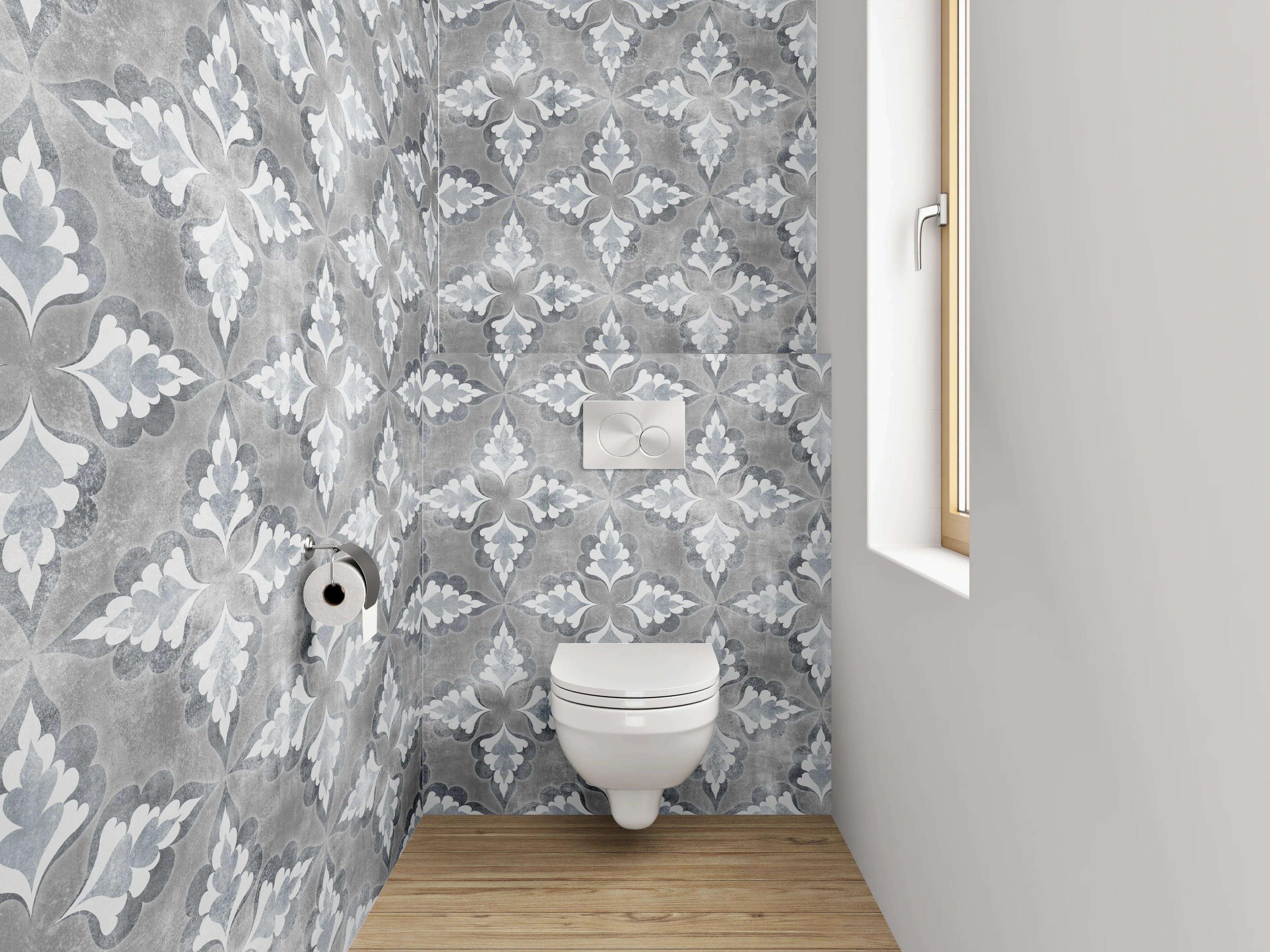 WC-Rückwand - Vintage Fliesenmuster Grau Weiß
