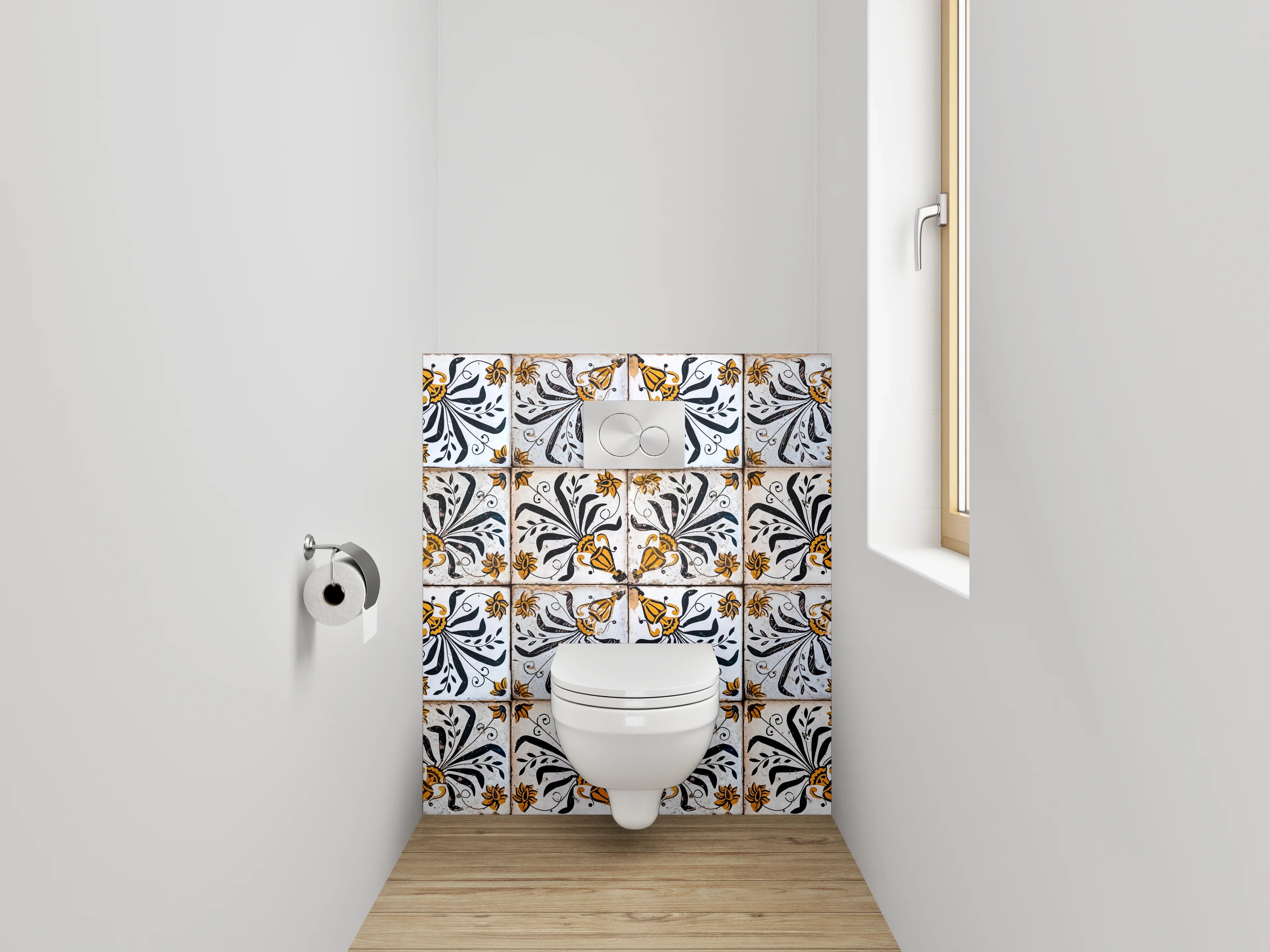 WC-Rückwand - Vintage Fliesenmuster Schwarz Gelb Weiß