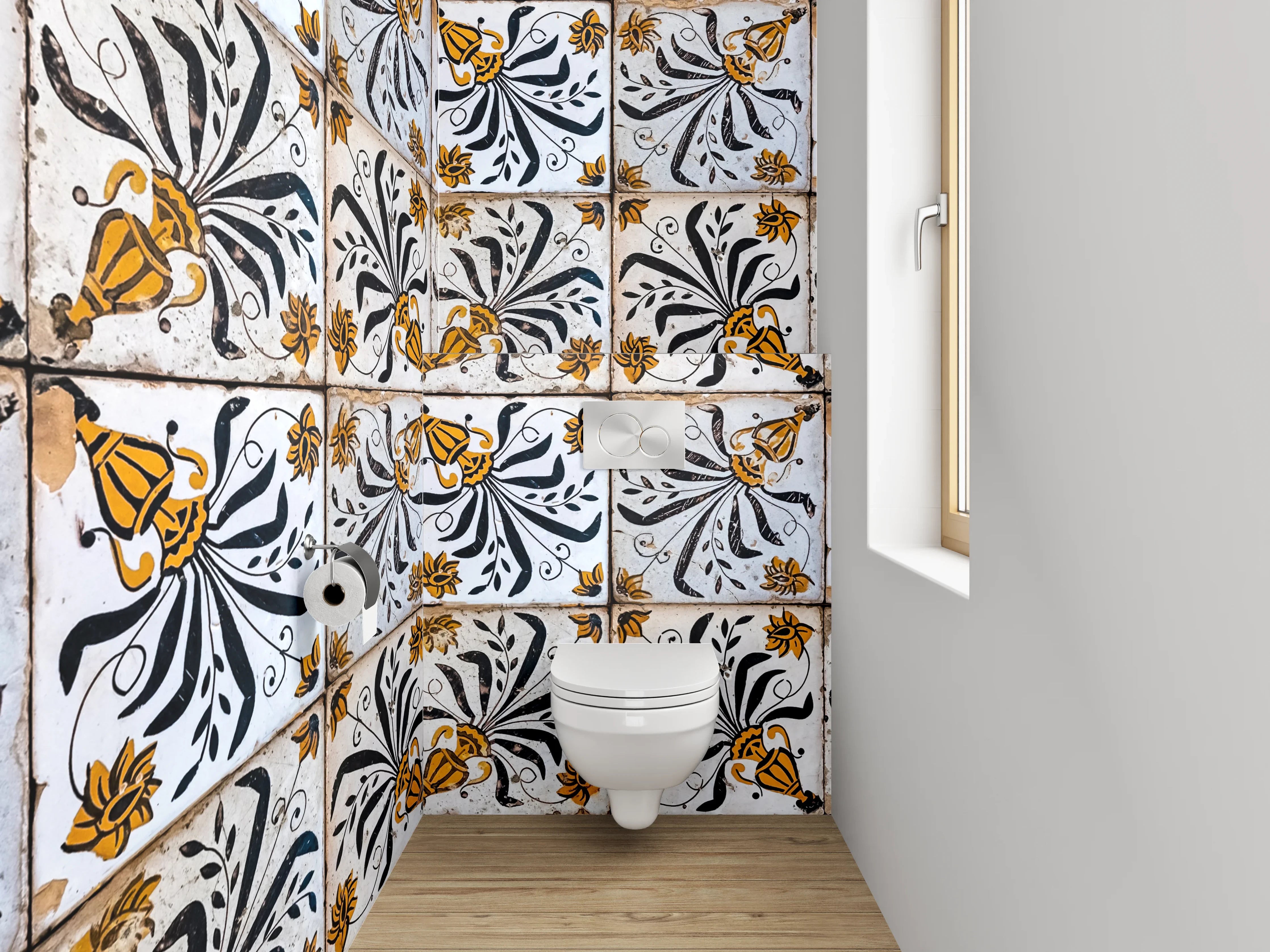 WC-Rückwand - Vintage Fliesenmuster Schwarz Gelb Weiß