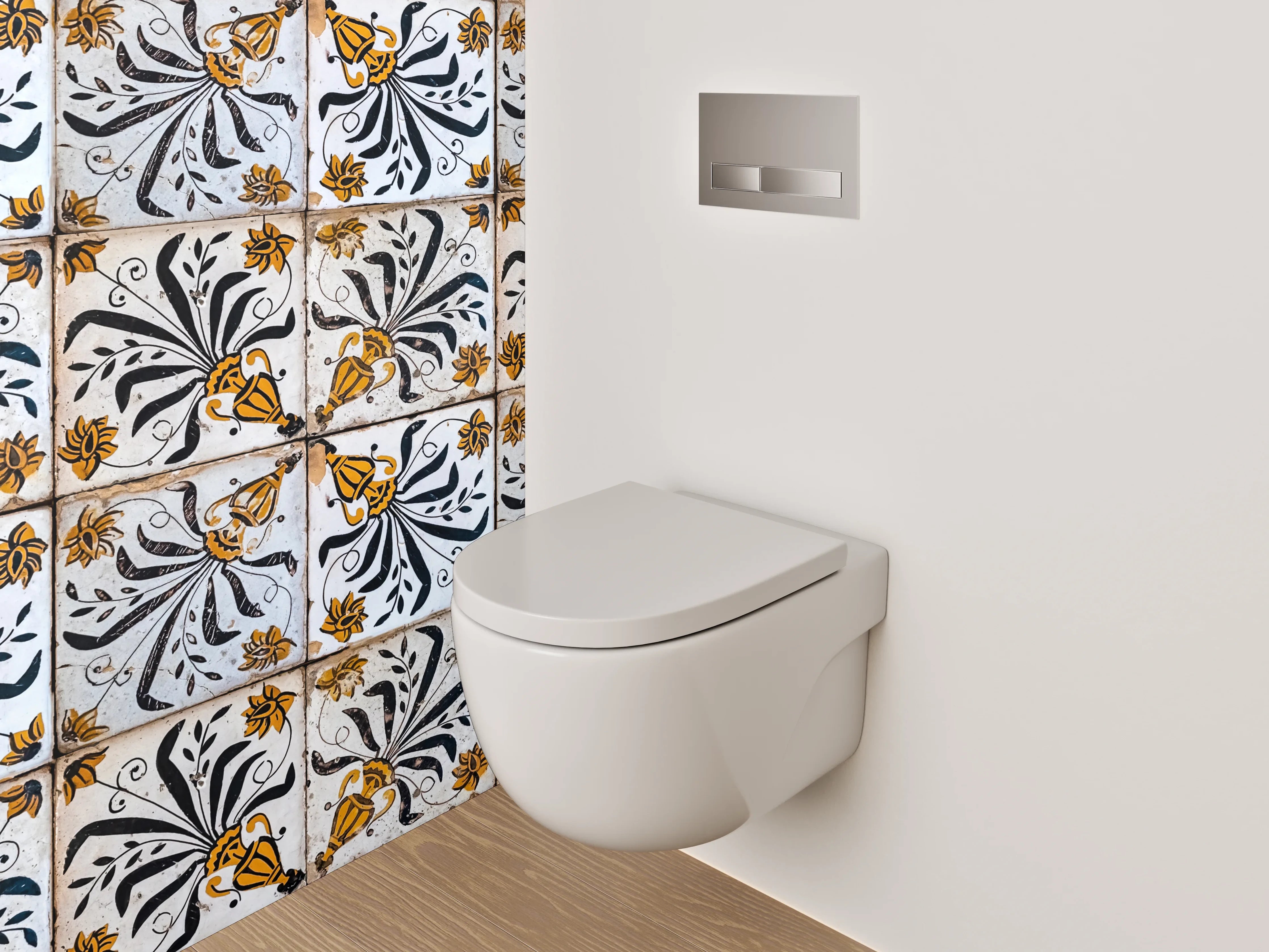 WC-Rückwand - Vintage Fliesenmuster Schwarz Gelb Weiß