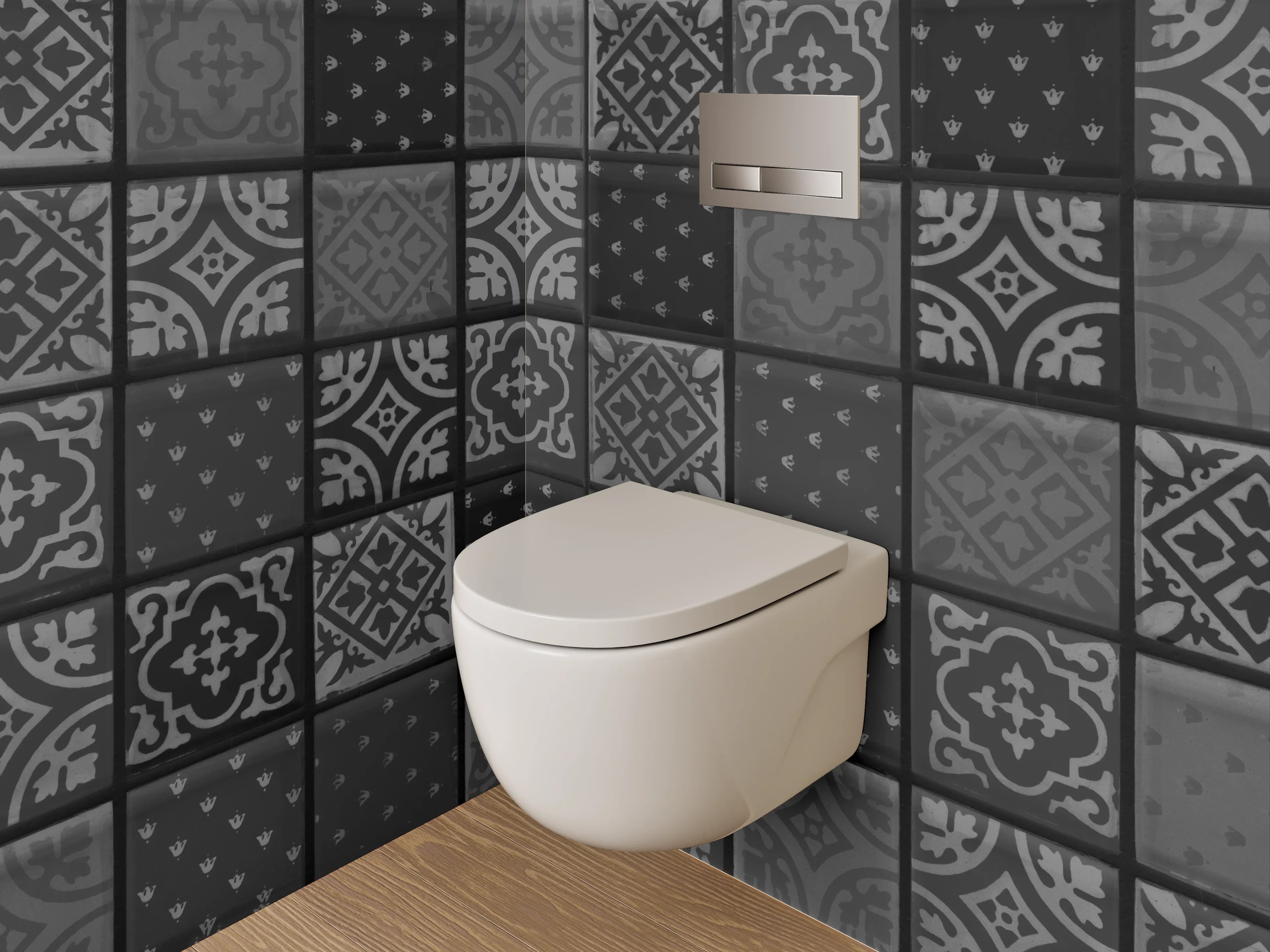 WC-Rückwand - Vintage Fliesenmuster Schwarz-Weiß Dekor