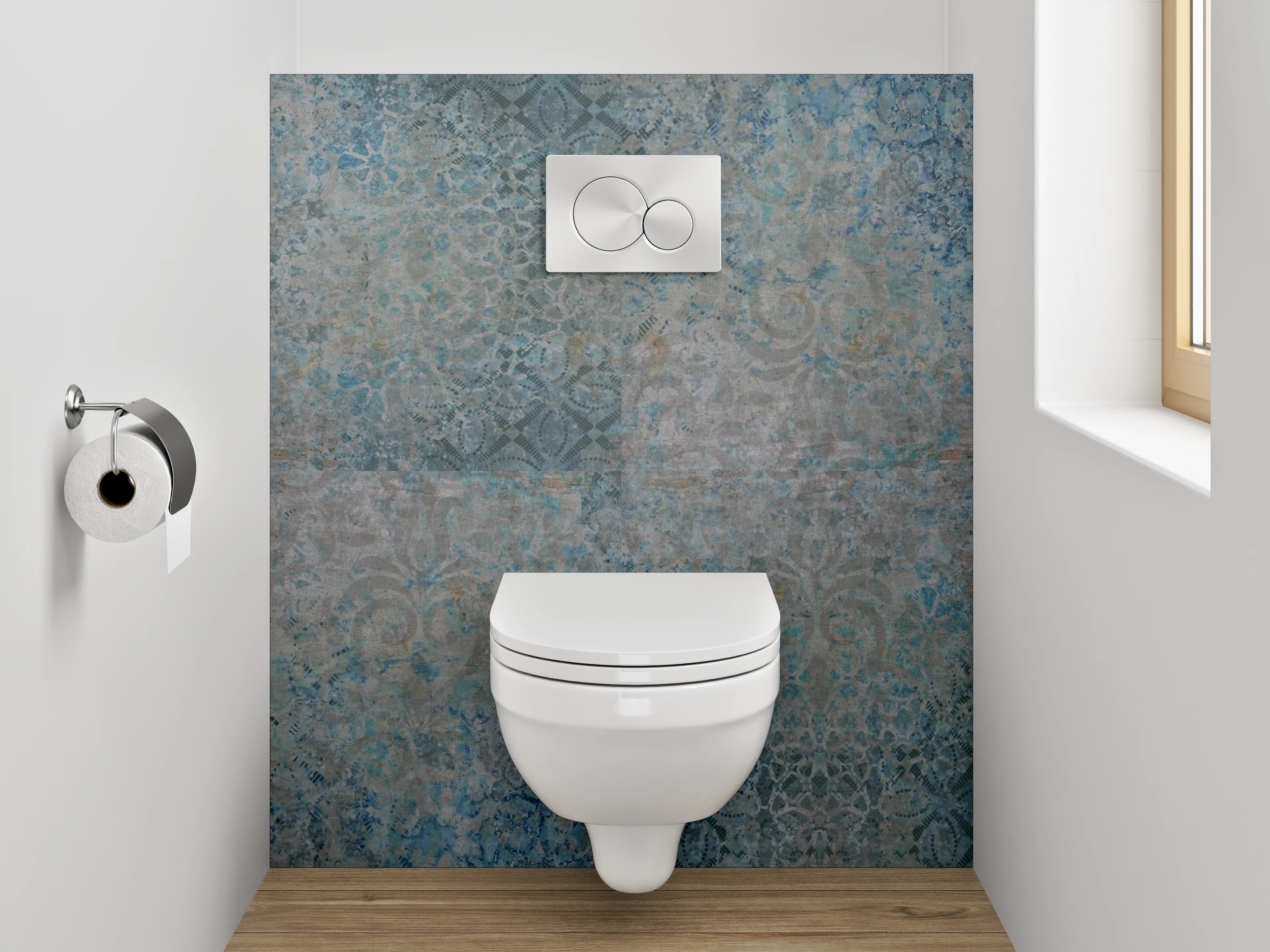 WC-Rückwand - Vintage Fliesenmuster in Blau-Grau