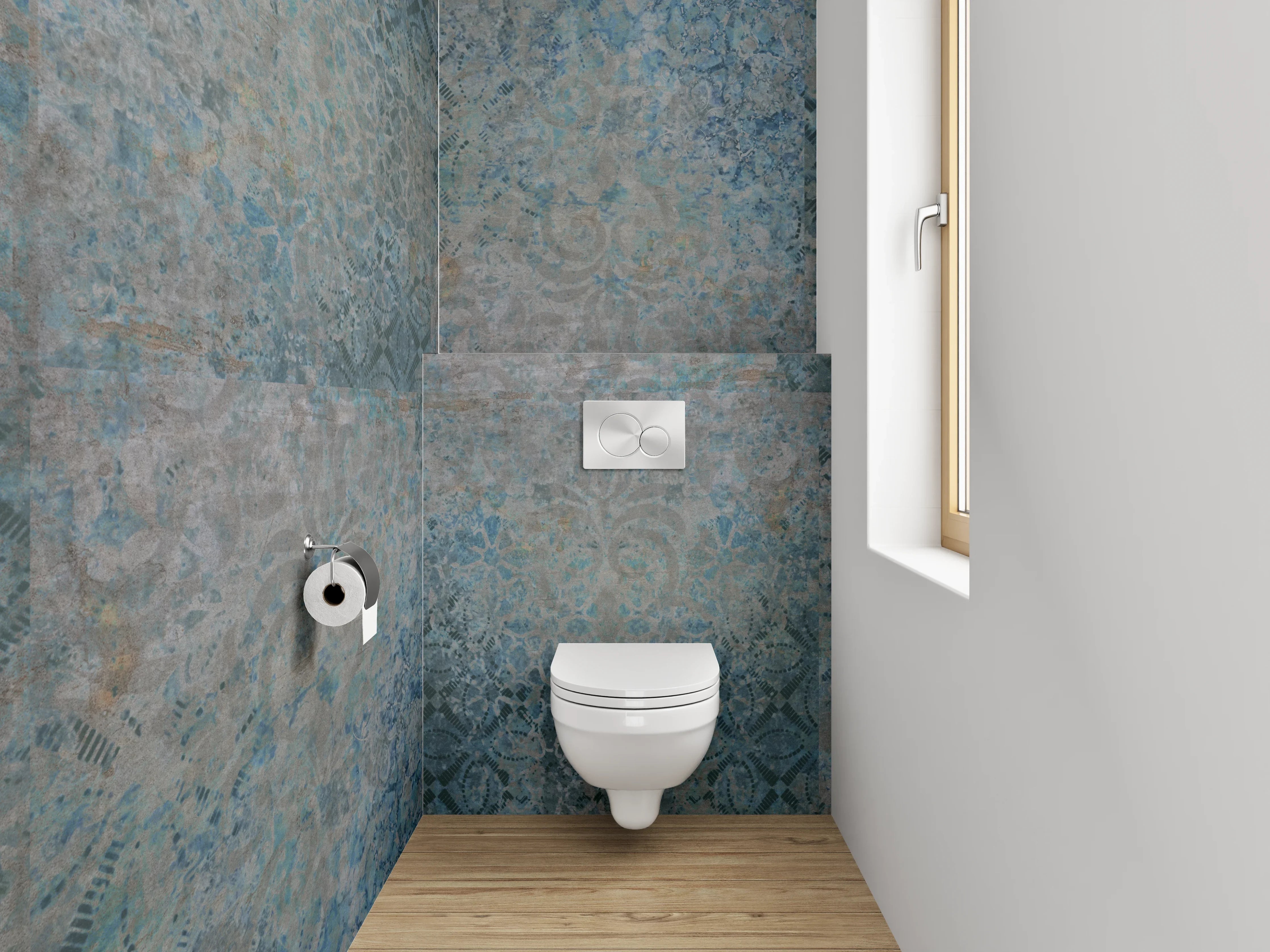 WC-Rückwand - Vintage Fliesenmuster in Blau-Grau
