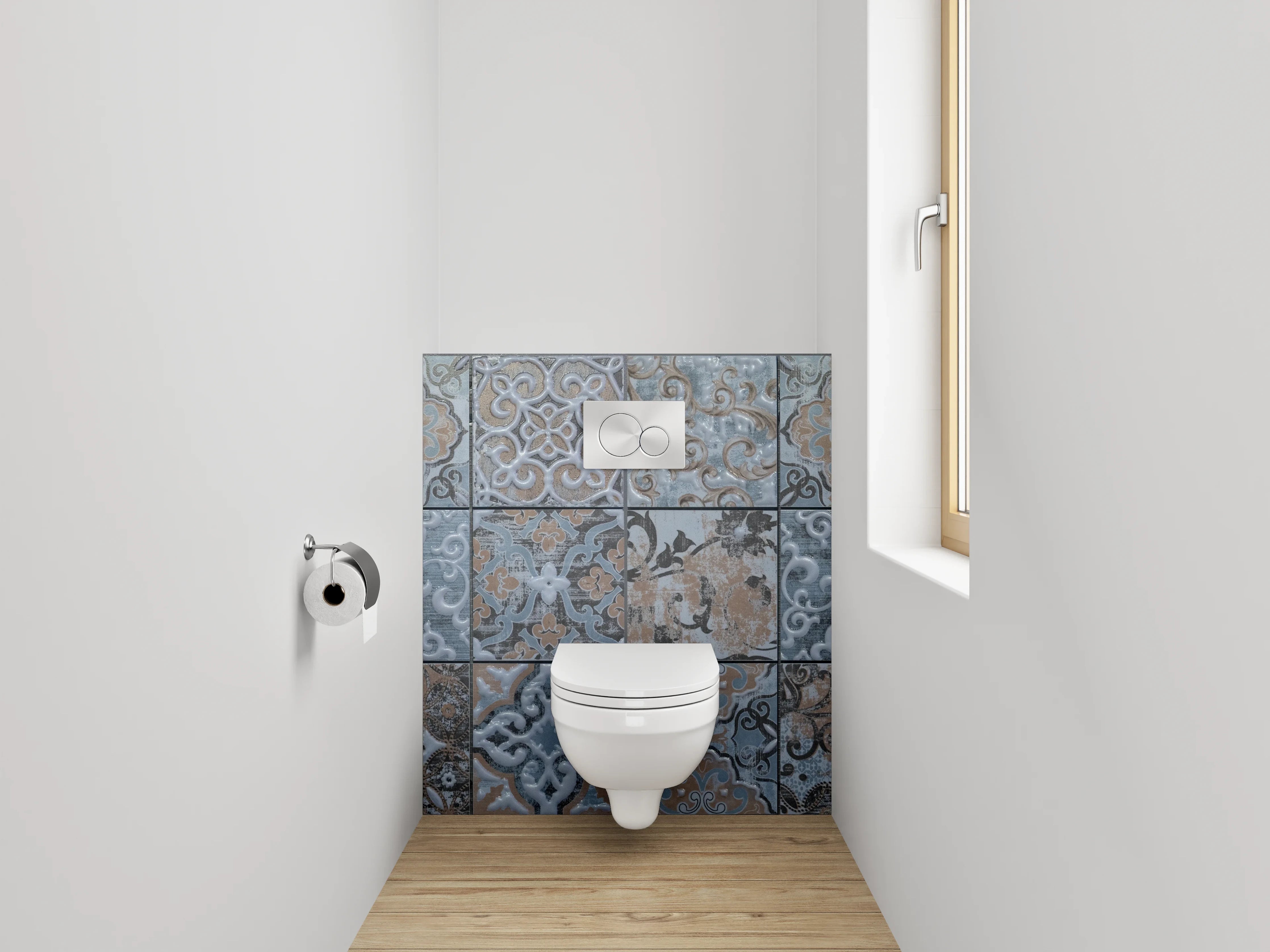 WC-Rückwand - Vintage Fliesenmuster in Blau und Grau
