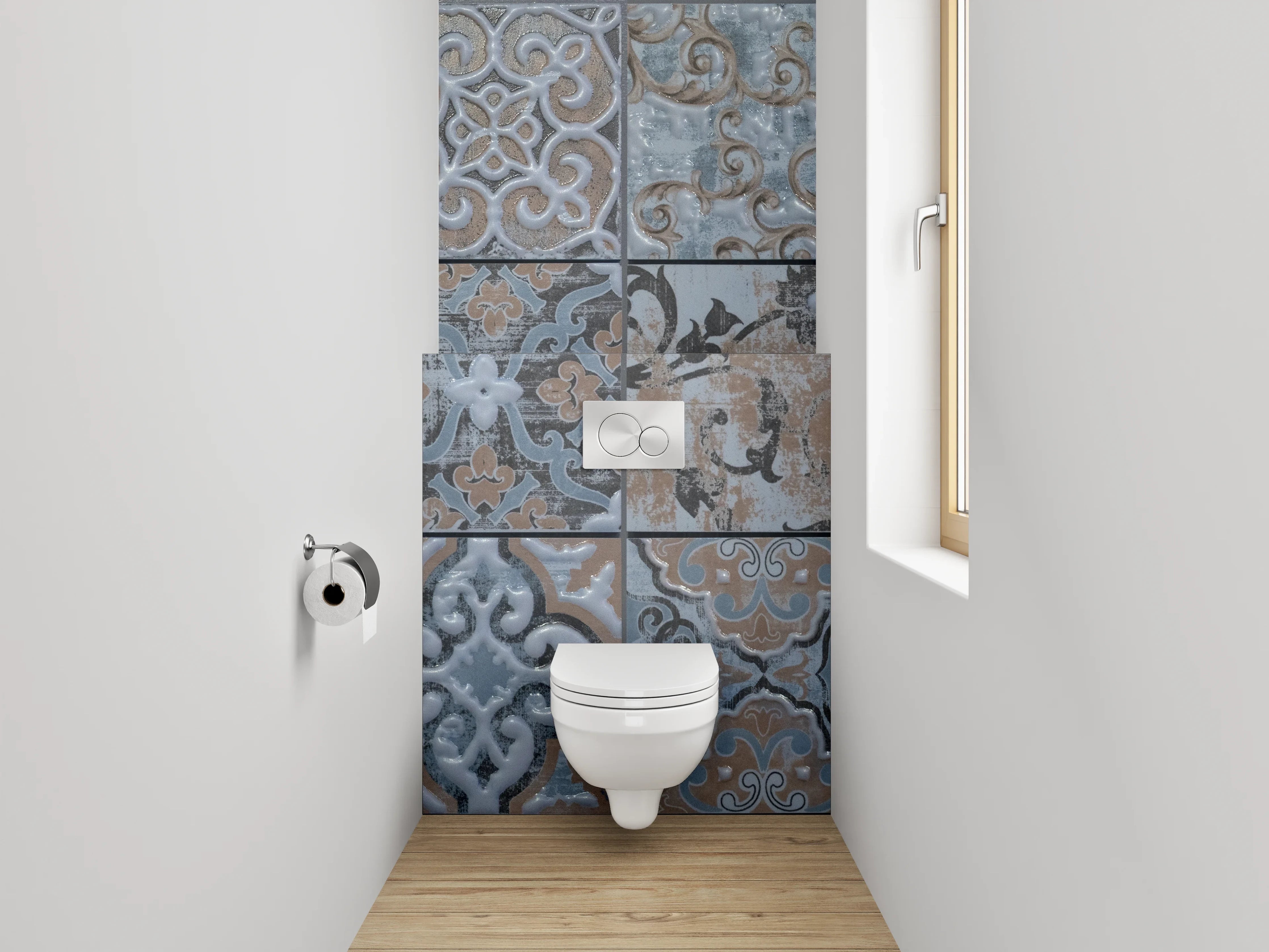 WC-Rückwand - Vintage Fliesenmuster in Blau und Grau