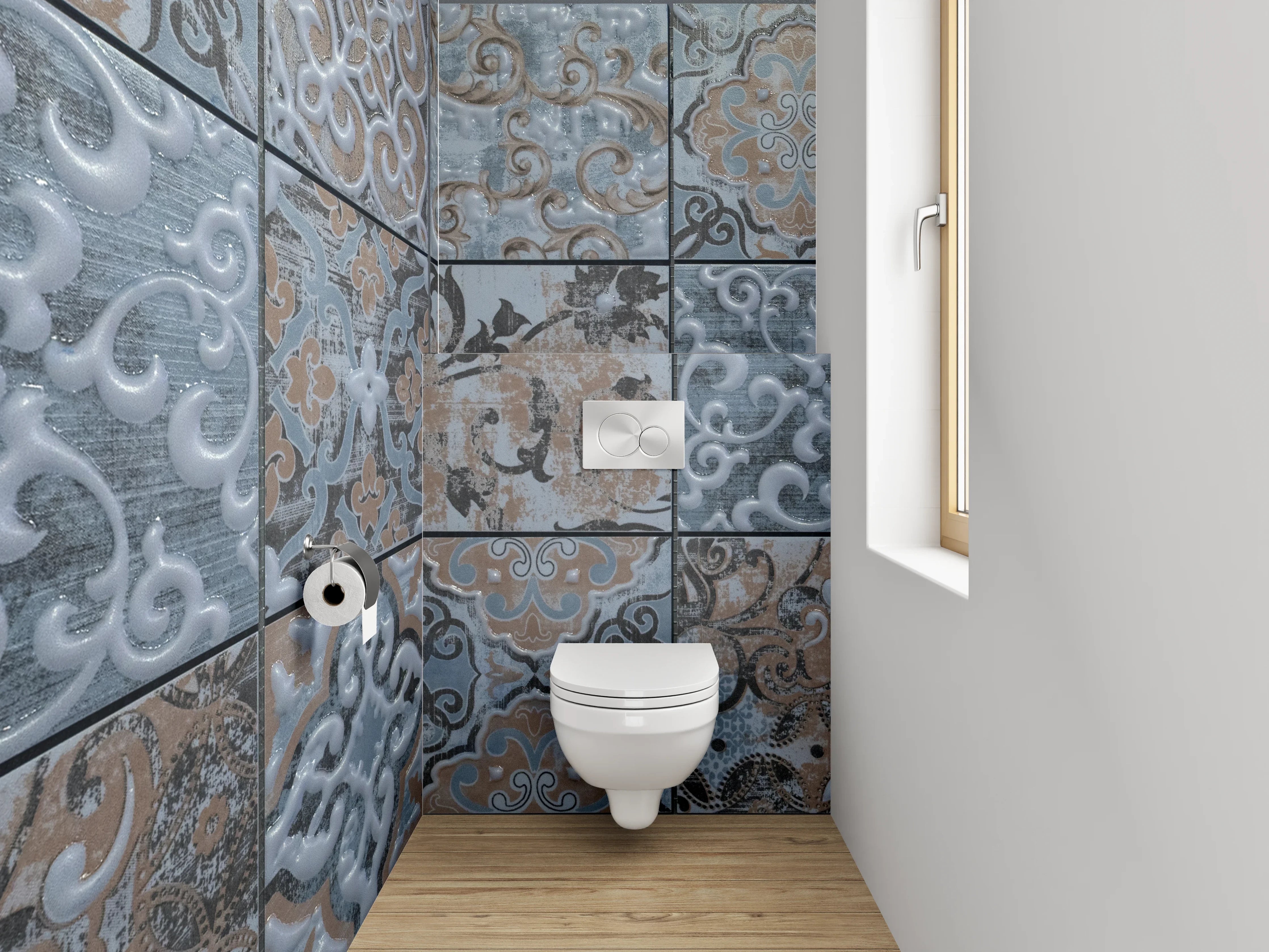 WC-Rückwand - Vintage Fliesenmuster in Blau und Grau