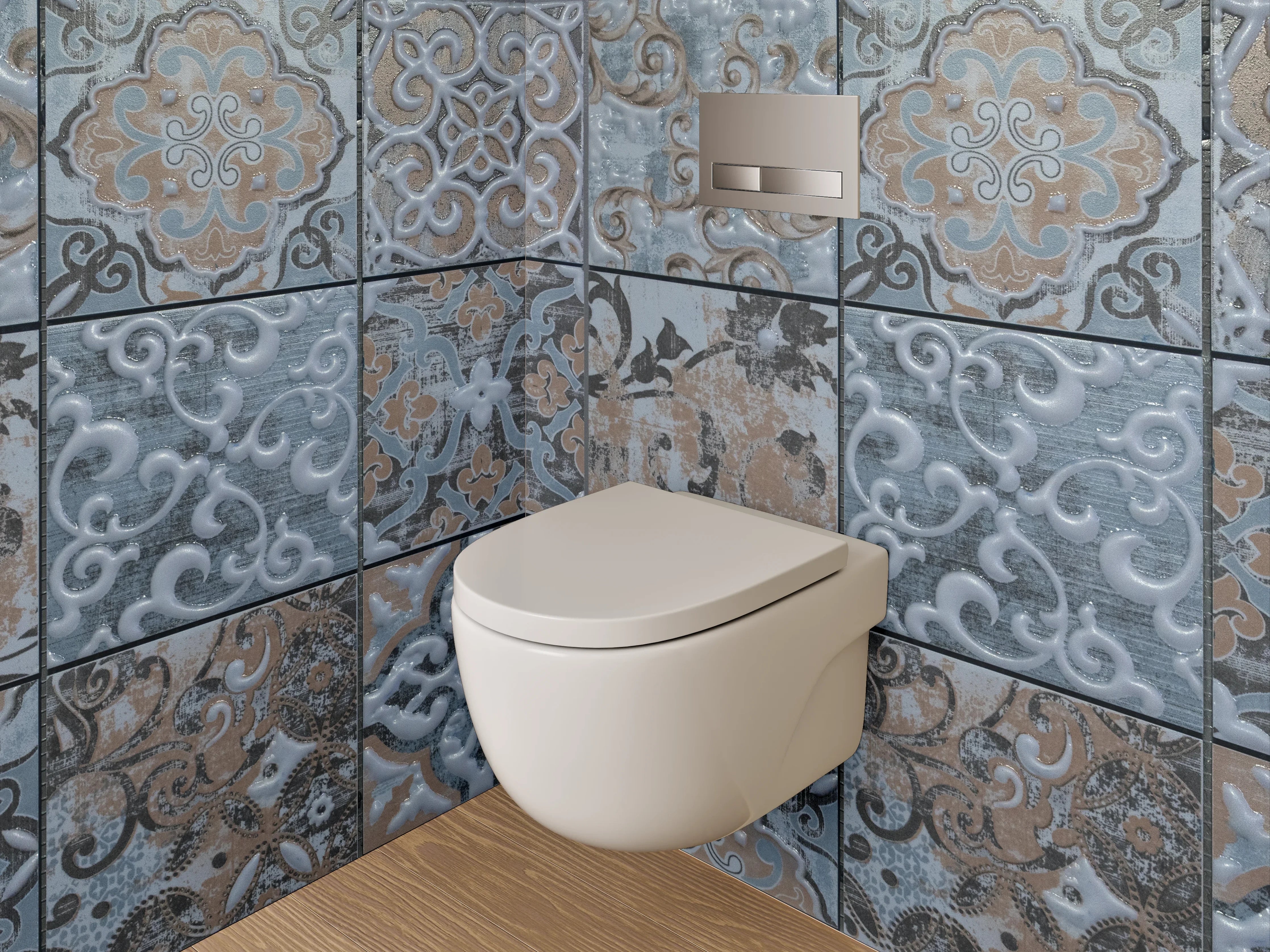 WC-Rückwand - Vintage Fliesenmuster in Blau und Grau
