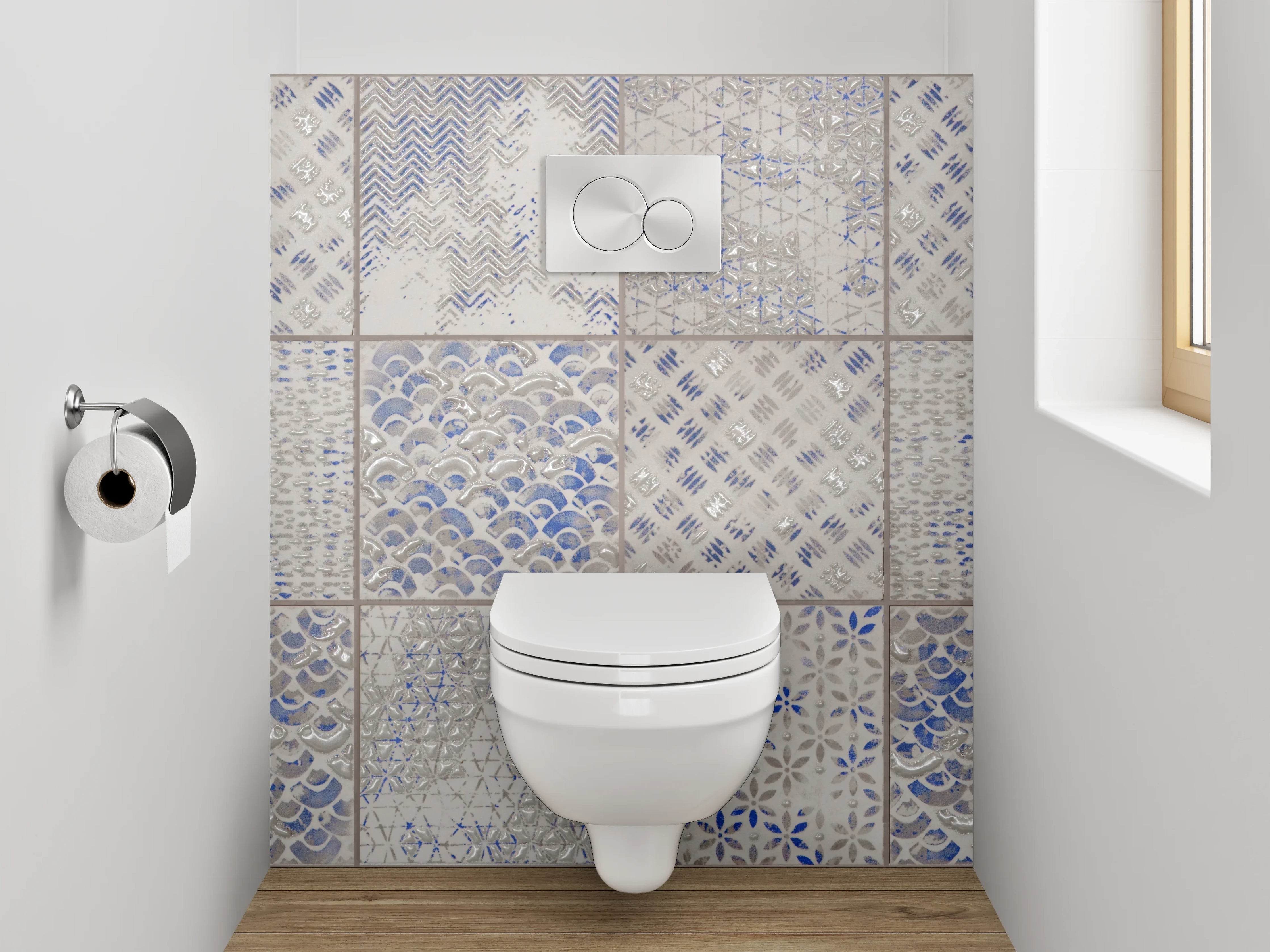 WC-Rückwand - Vintage Kachelmuster in Blau-Grau Weiß