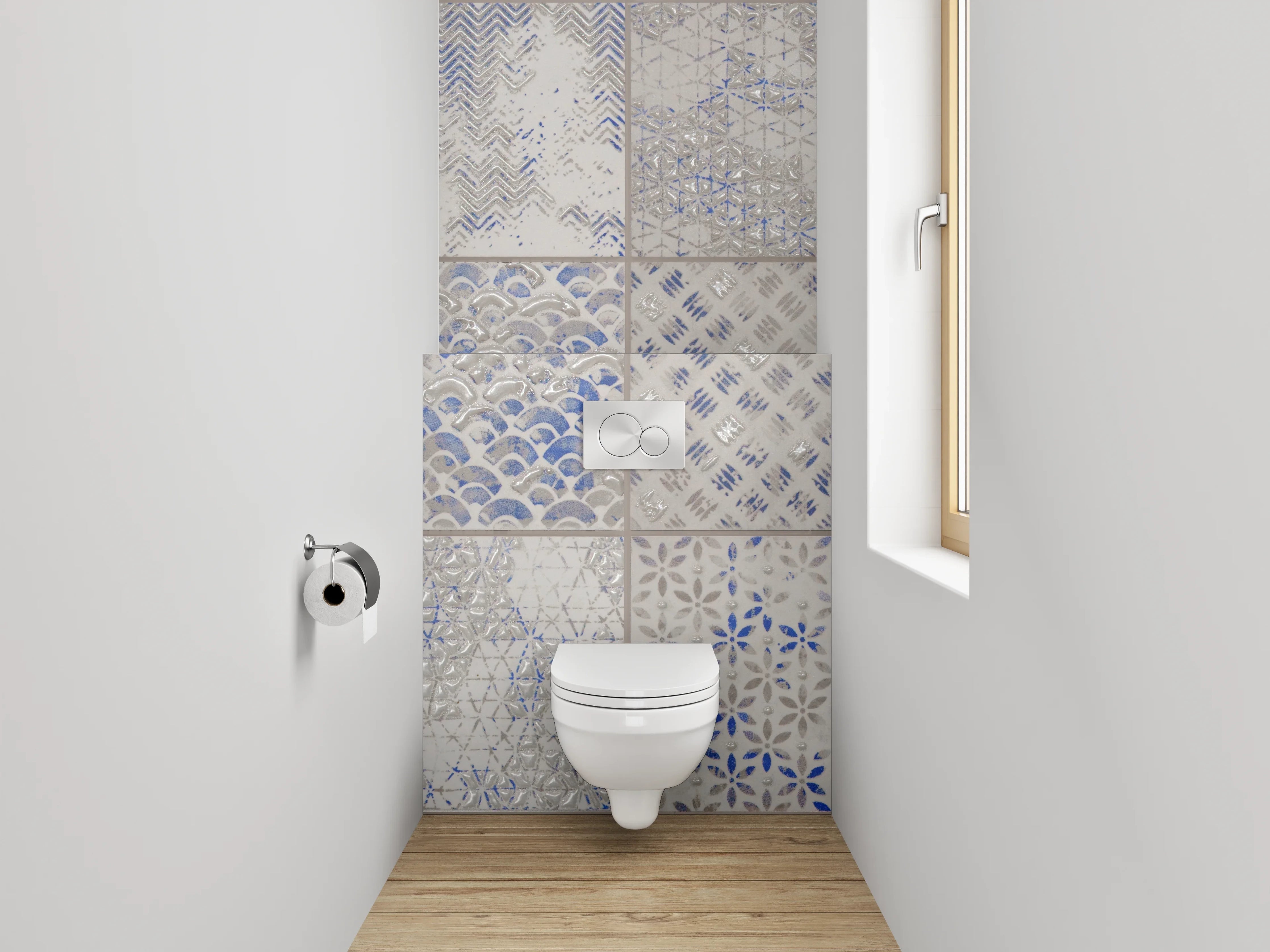 WC-Rückwand - Vintage Kachelmuster in Blau-Grau Weiß