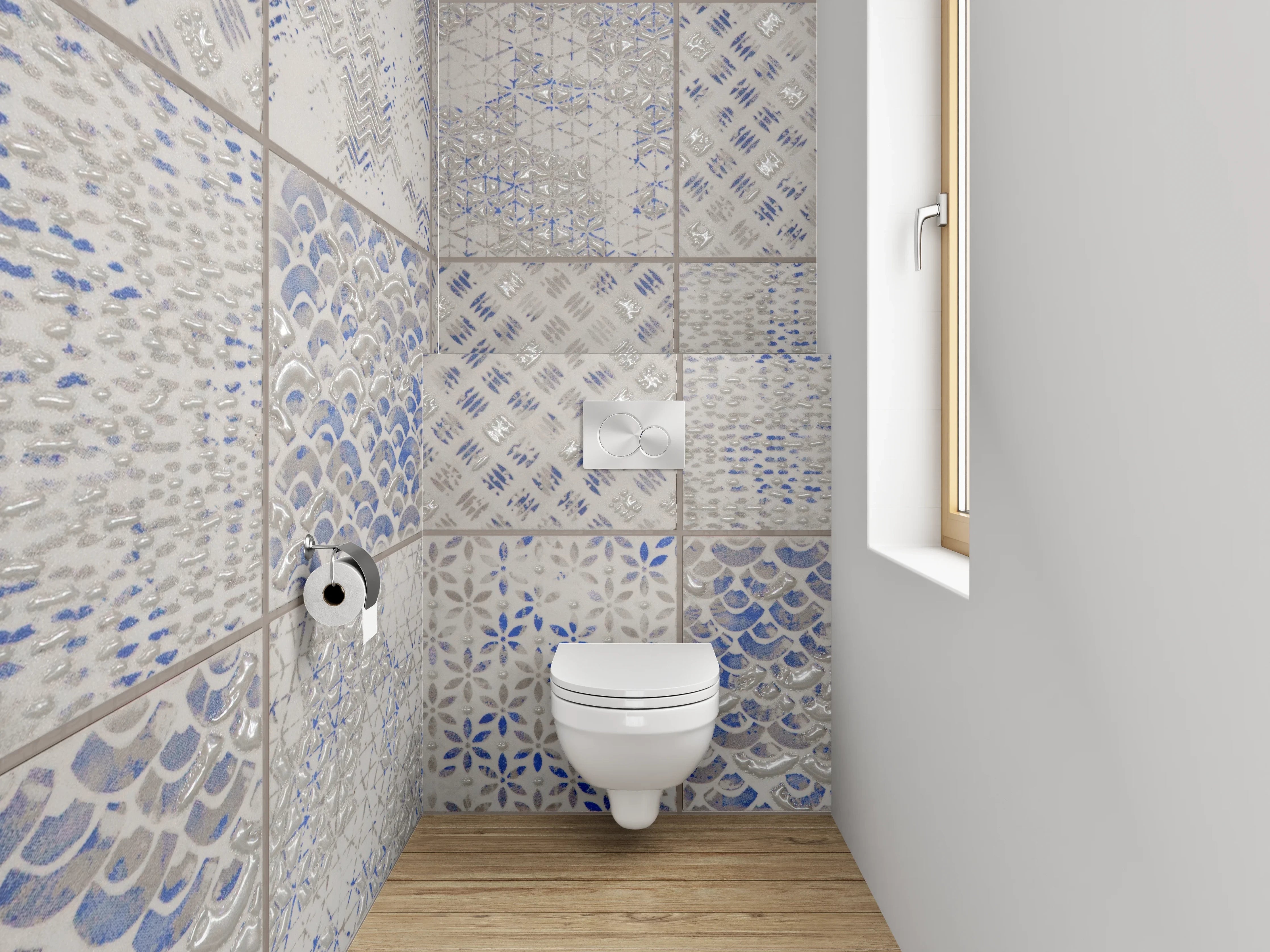 WC-Rückwand - Vintage Kachelmuster in Blau-Grau Weiß