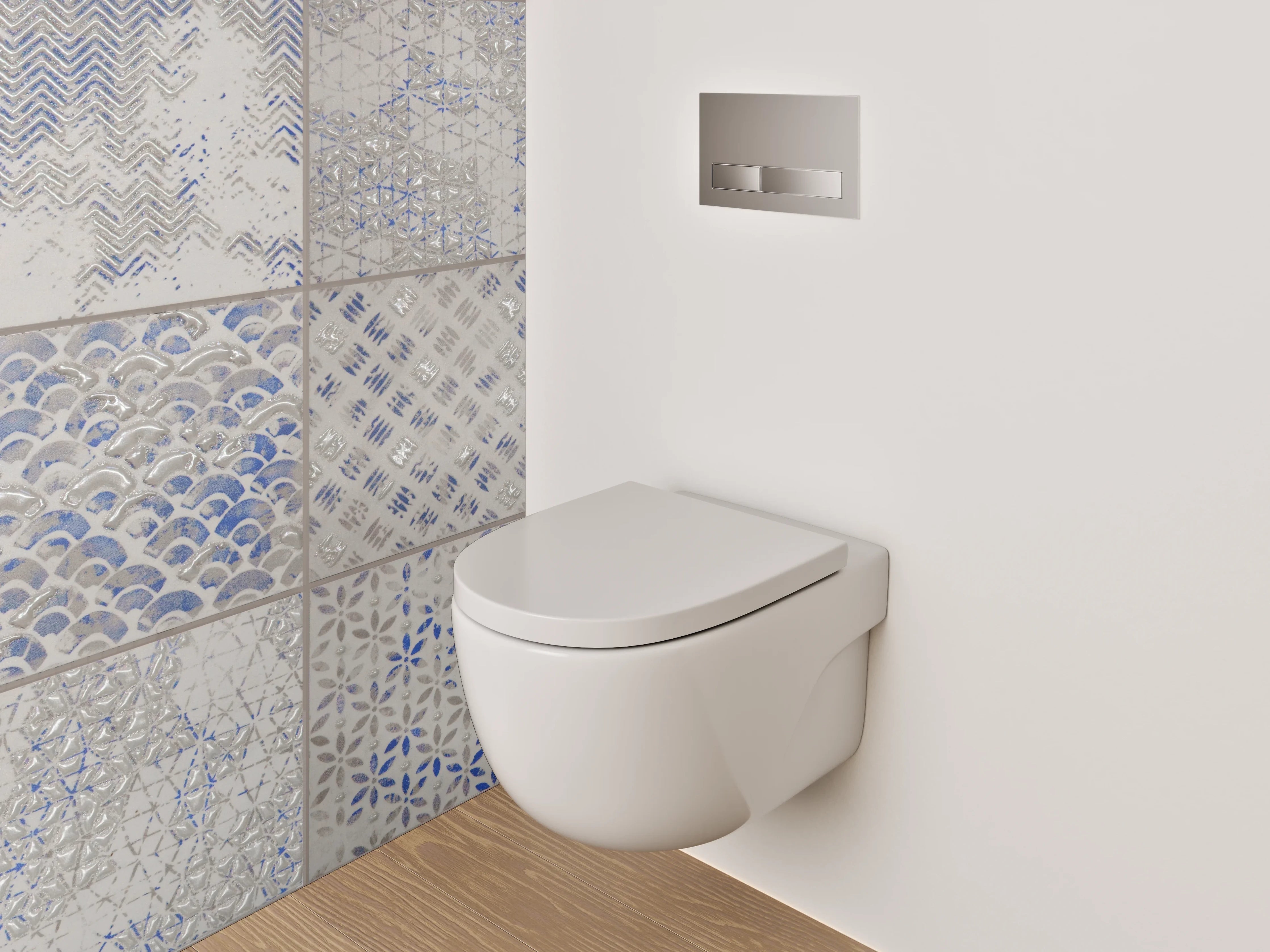 WC-Rückwand - Vintage Kachelmuster in Blau-Grau Weiß