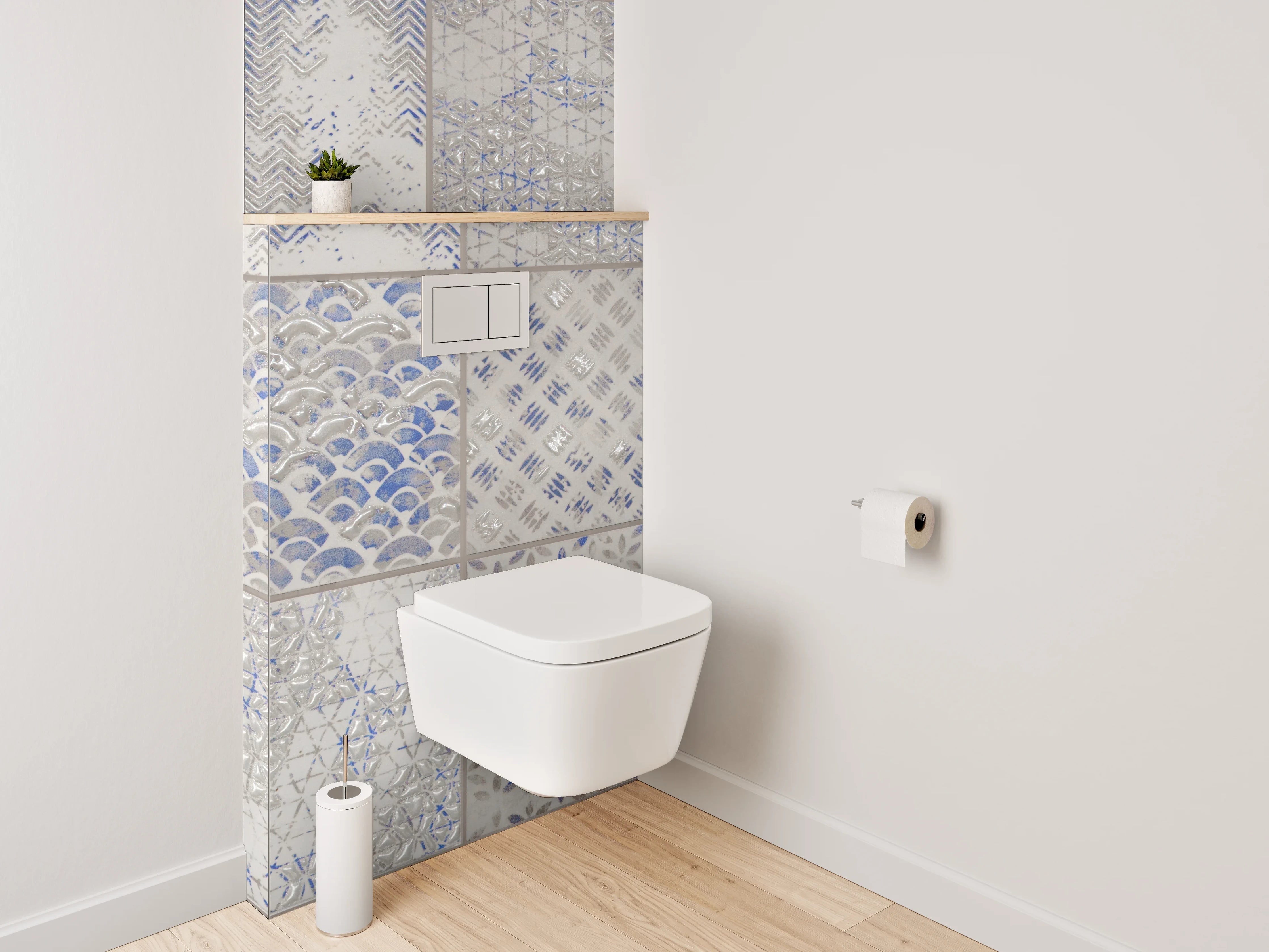 WC-Rückwand - Vintage Kachelmuster in Blau-Grau Weiß