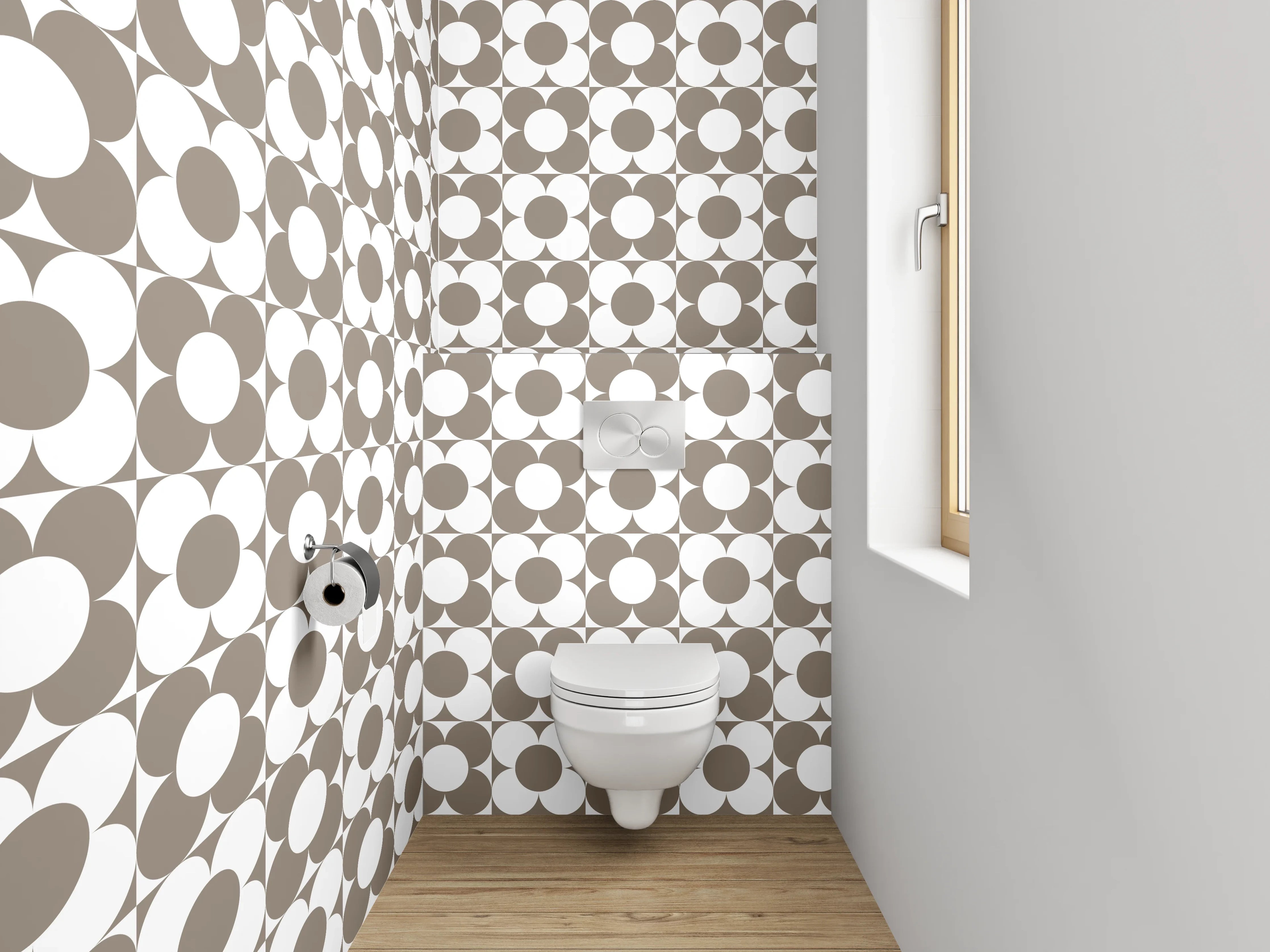 WC-Rückwand - Vintage Kreismuster Braun Grau Weiß