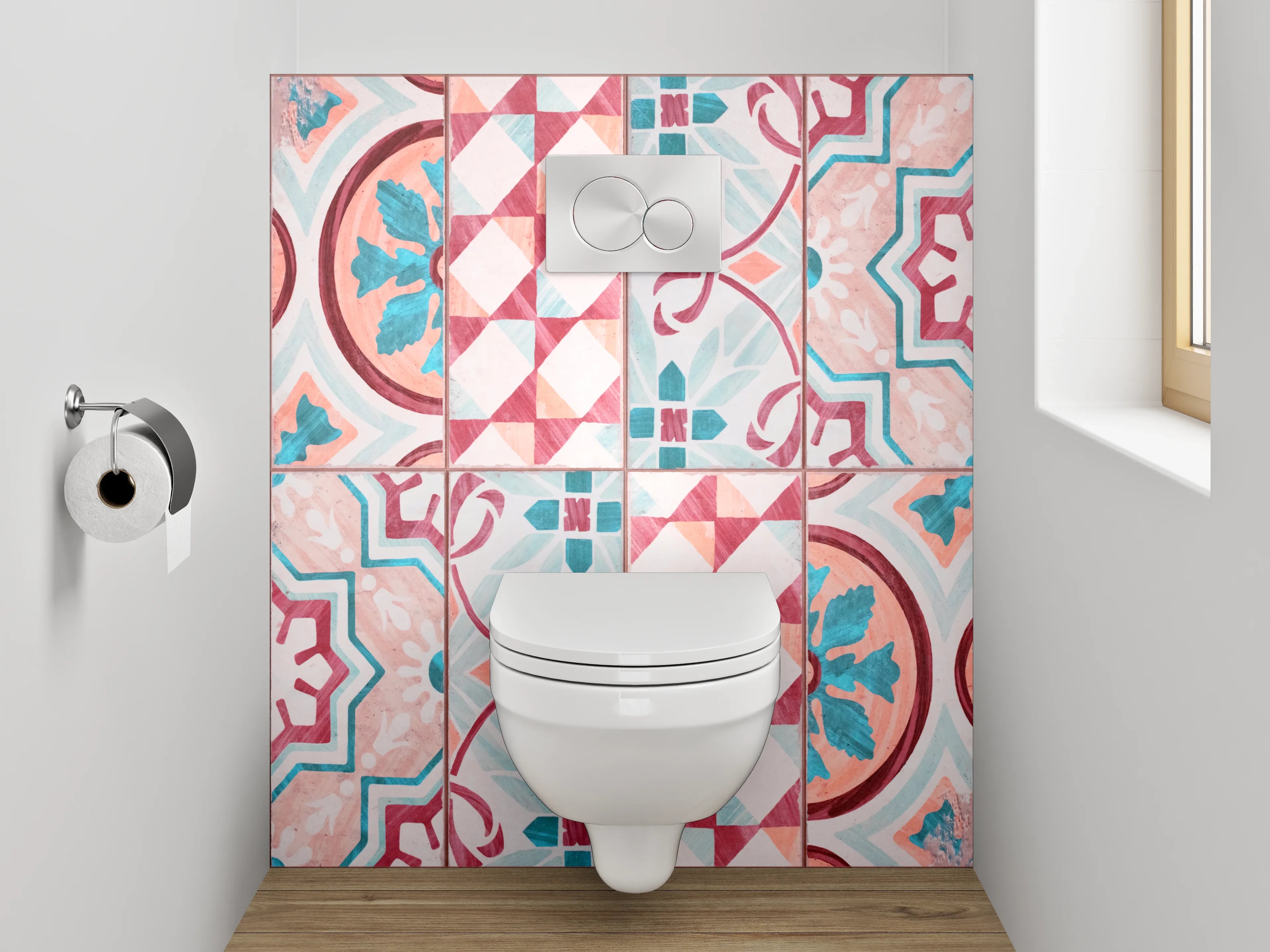 WC-Rückwand - Vintage Mosaik Fliesenmuster Rot Türkis