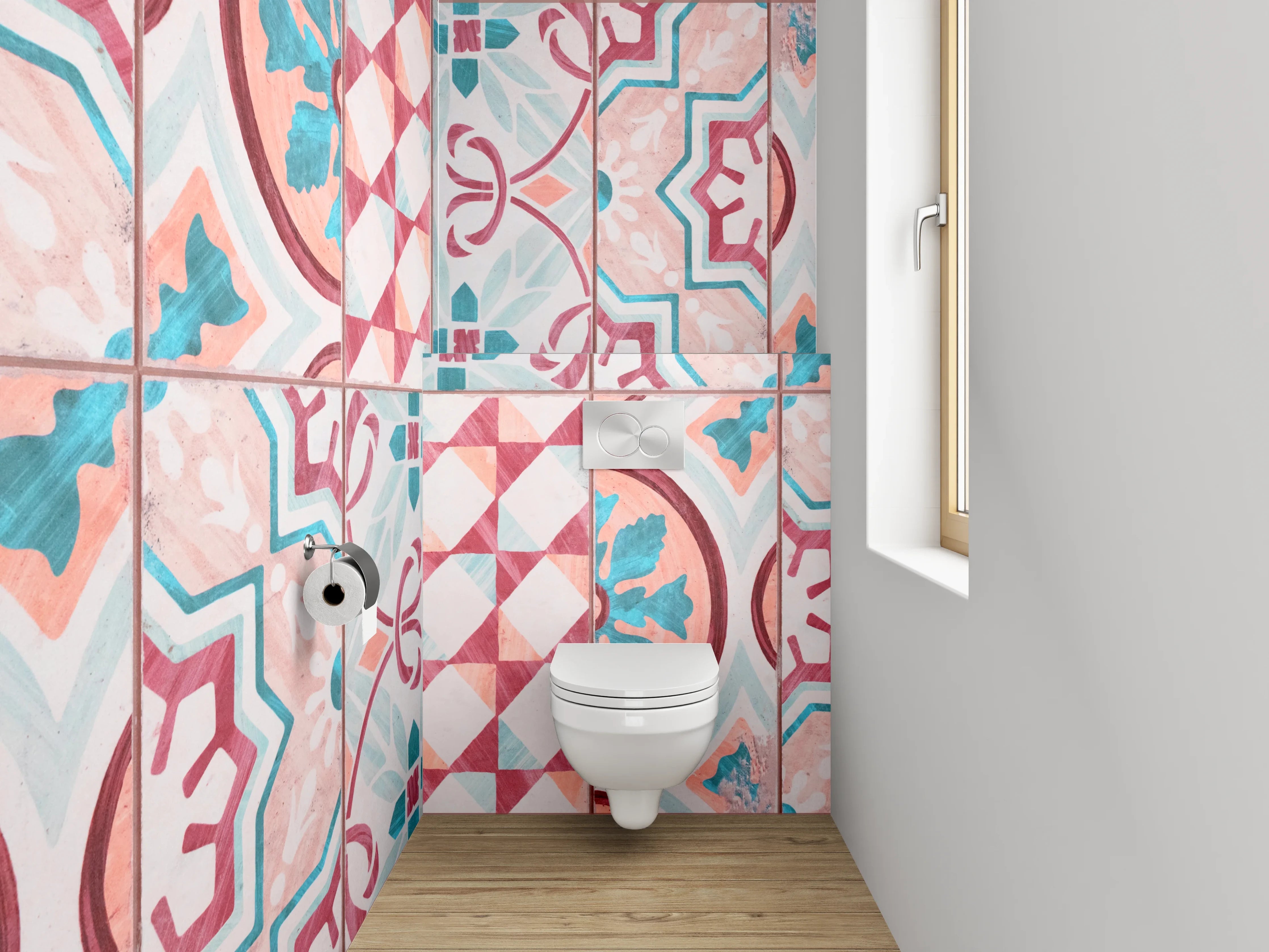 WC-Rückwand - Vintage Mosaik Fliesenmuster Rot Türkis