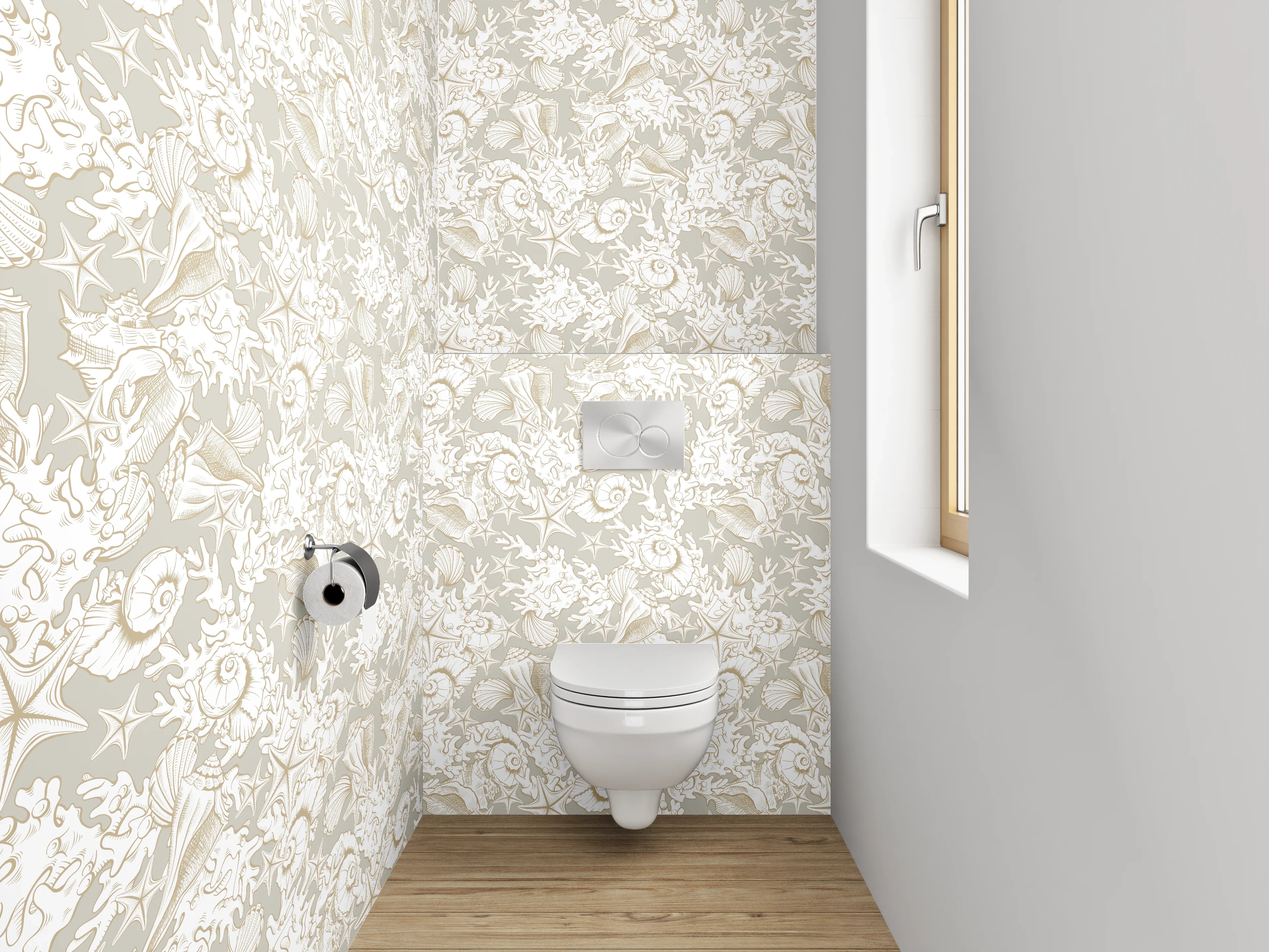 WC-Rückwand - Vintage Muschel- und Farnmuster Weiß Grau