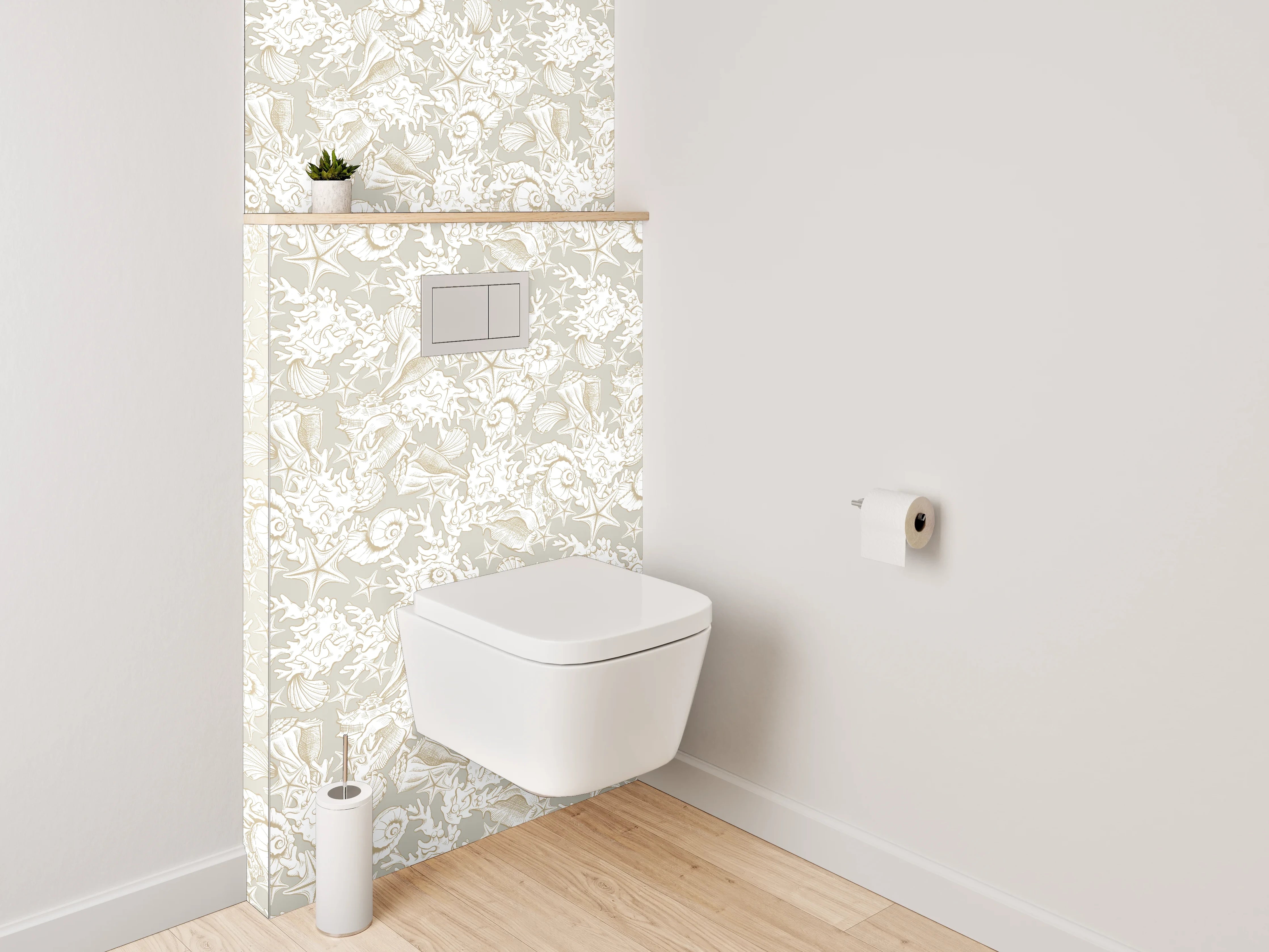 WC-Rückwand - Vintage Muschel- und Farnmuster Weiß Grau