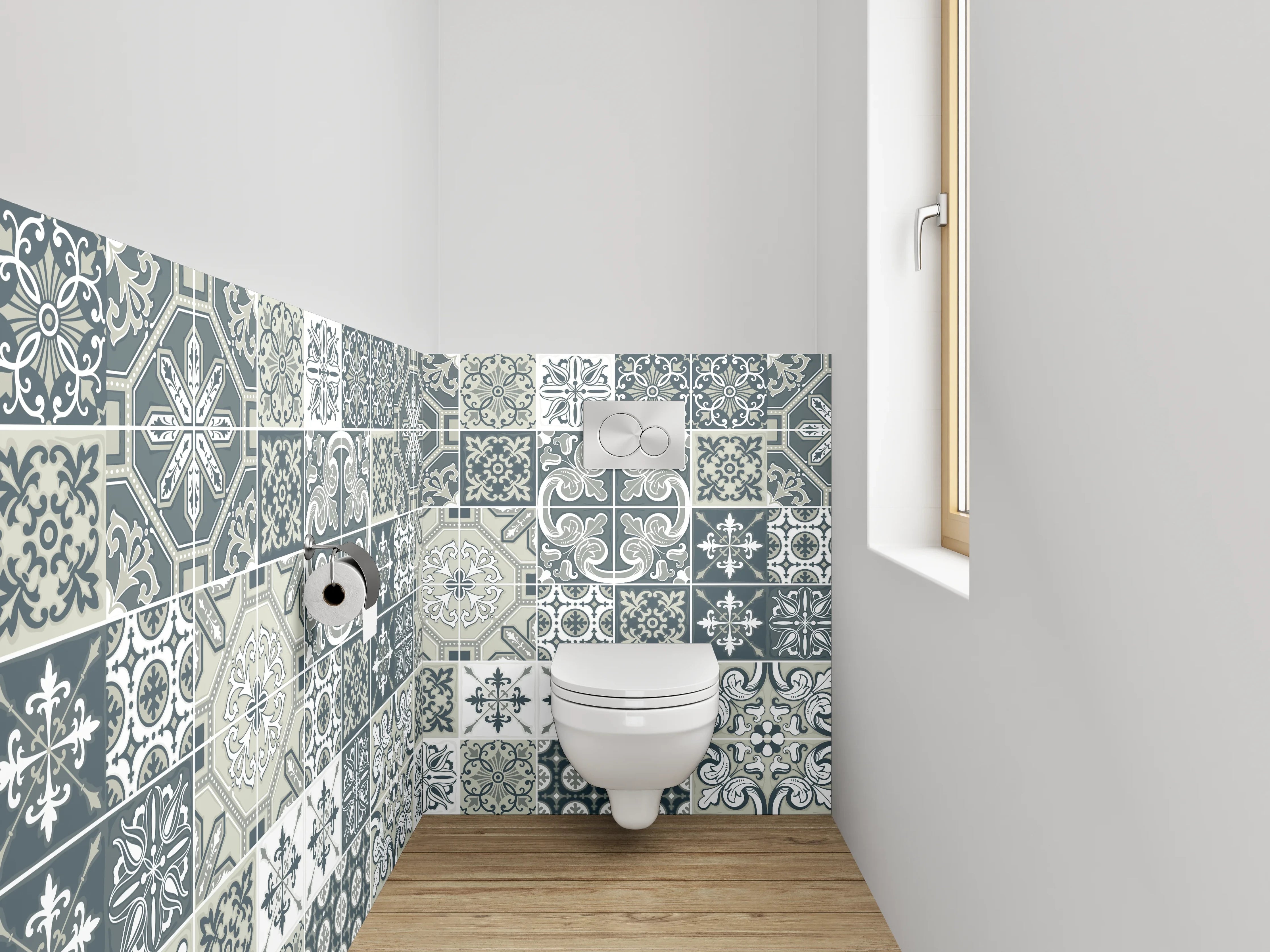 WC-Rückwand - Vintage Muster Fliesen Grau Weiß
