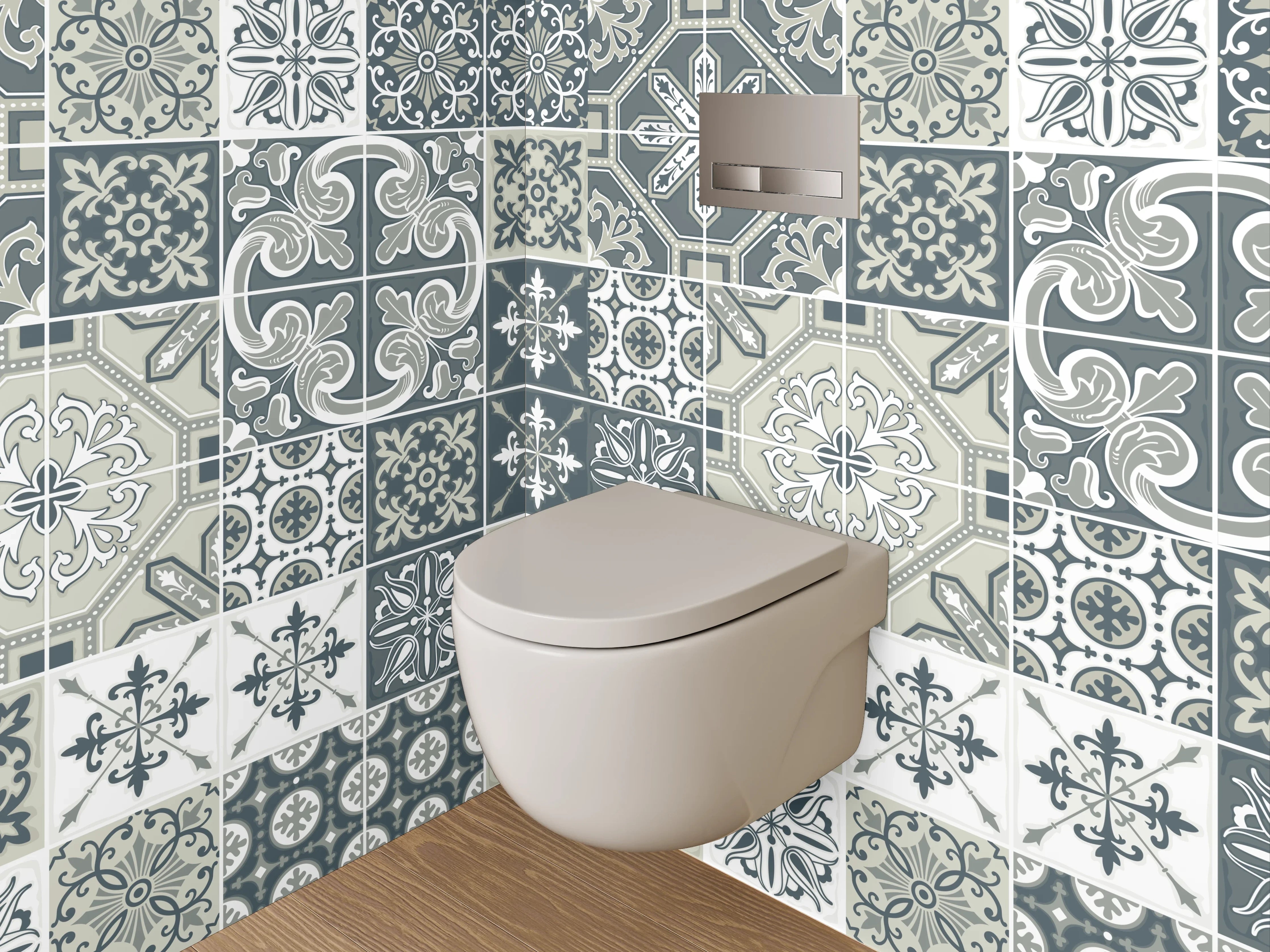 WC-Rückwand - Vintage Muster Fliesen Grau Weiß