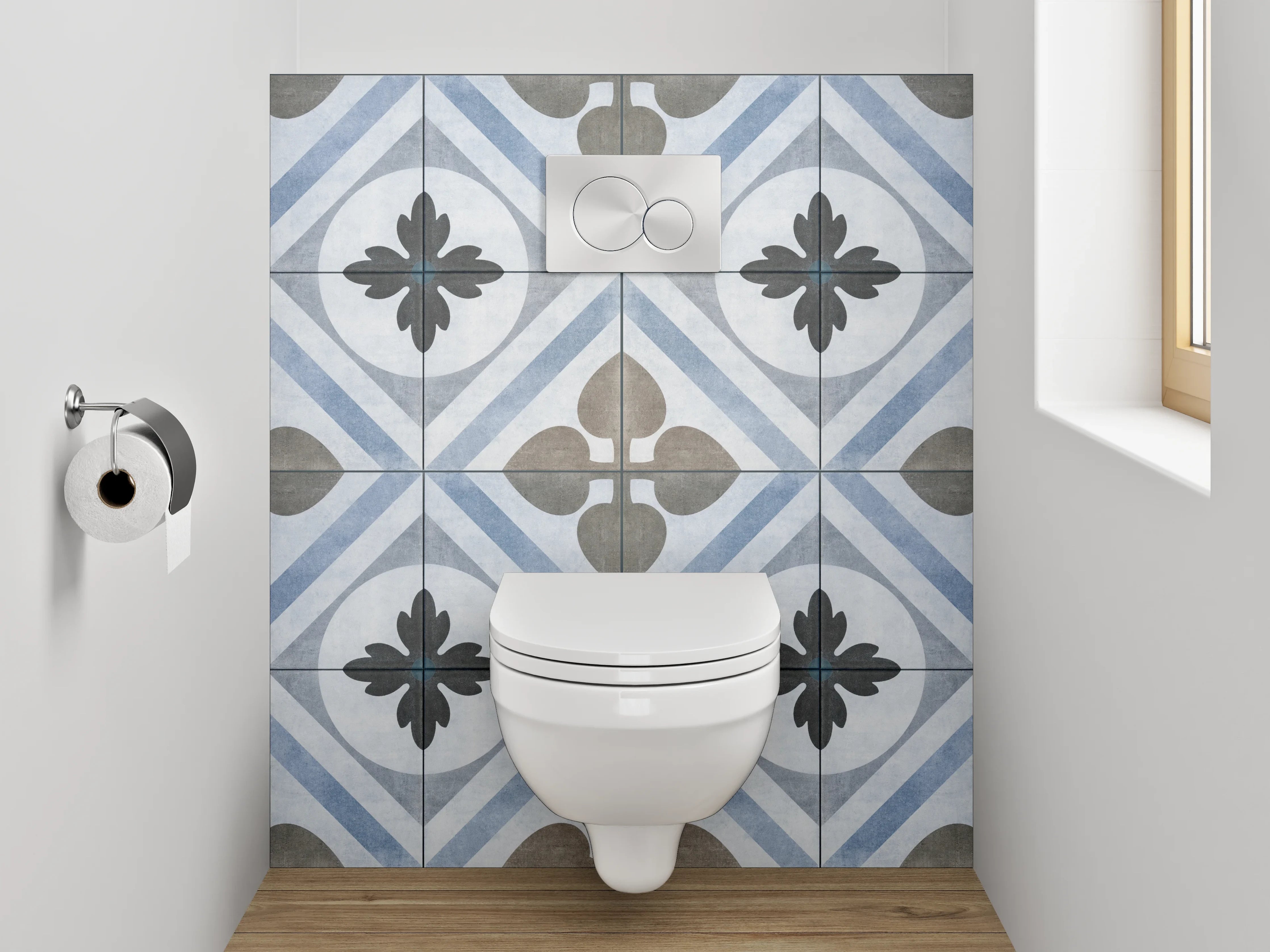WC-Rückwand - Vintage-Optik Fliesenmuster Blau-Grau