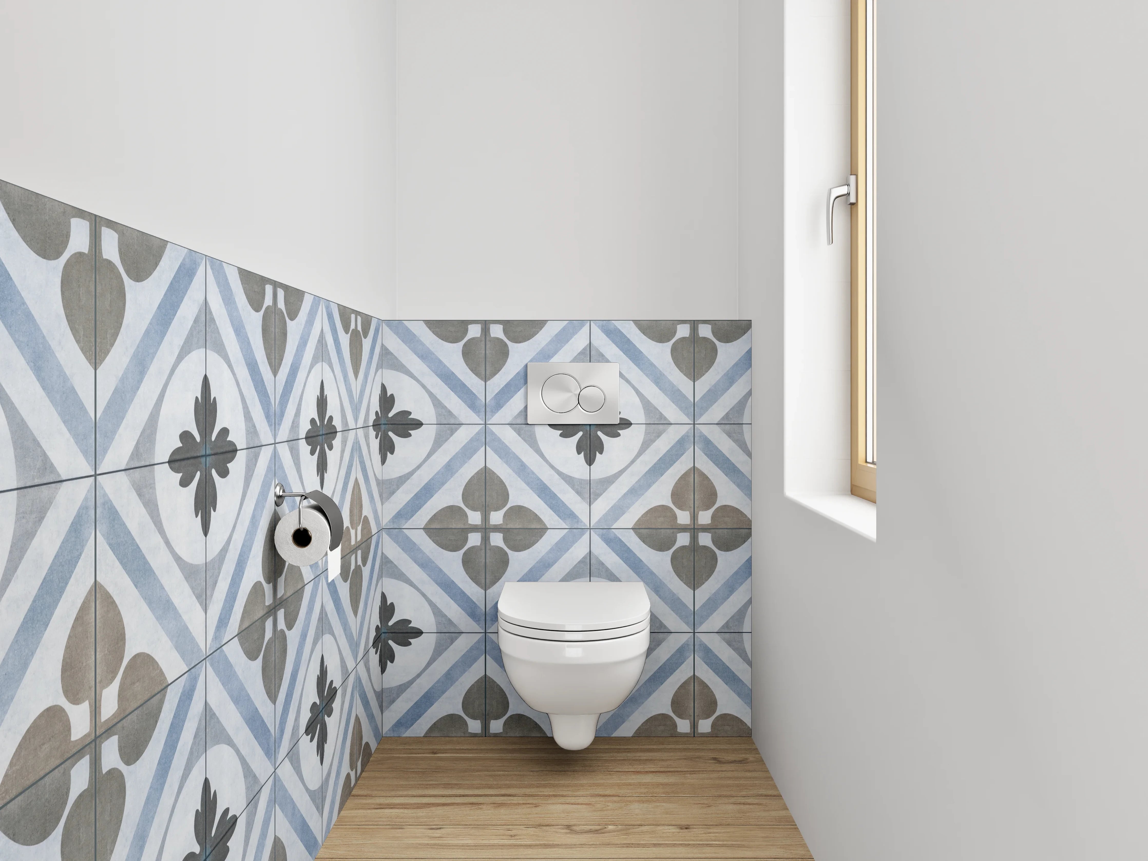 WC-Rückwand - Vintage-Optik Fliesenmuster Blau-Grau