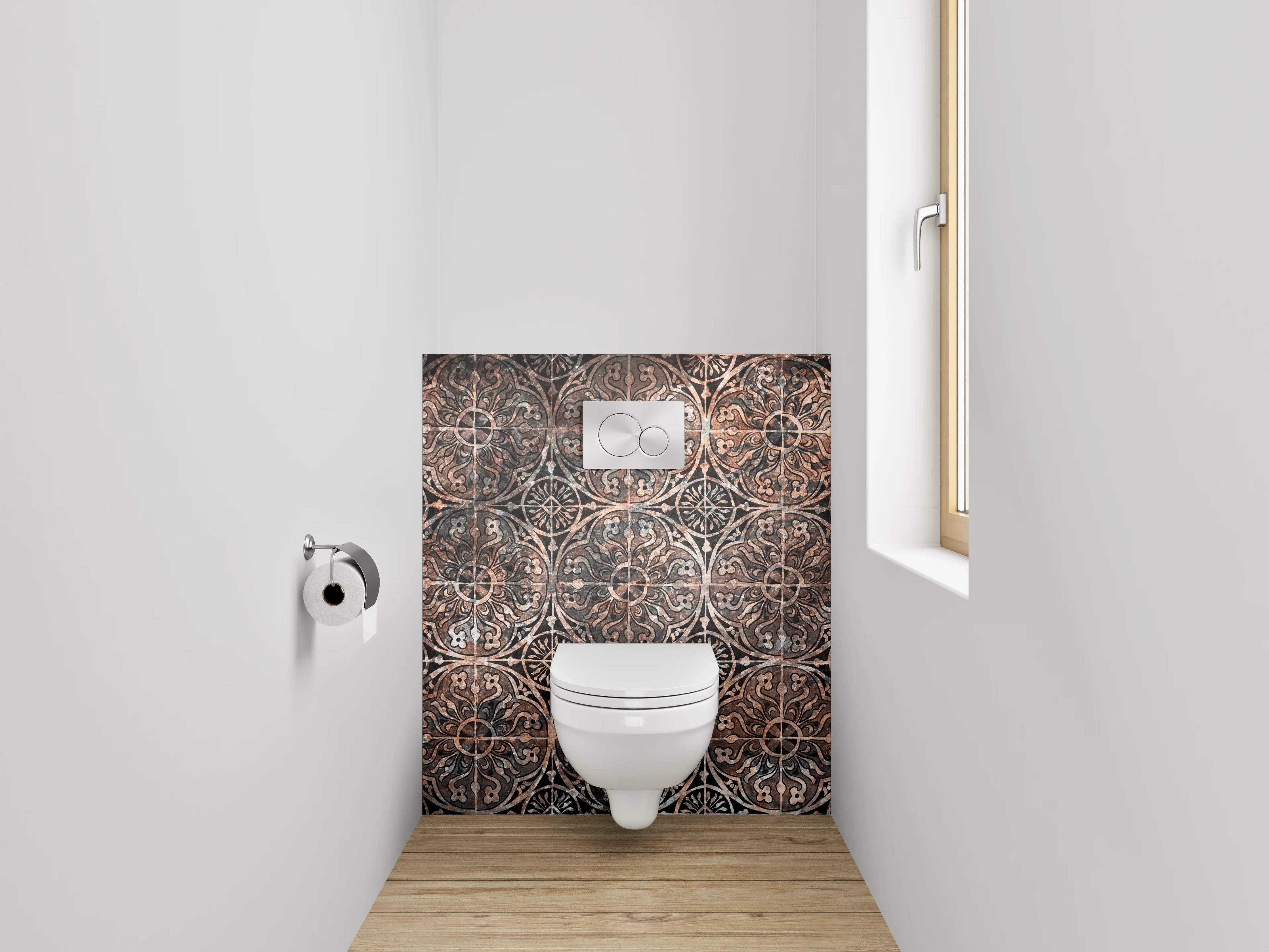 WC-Rückwand - Vintage Ornamentfliesen Kupferbraun Dekor