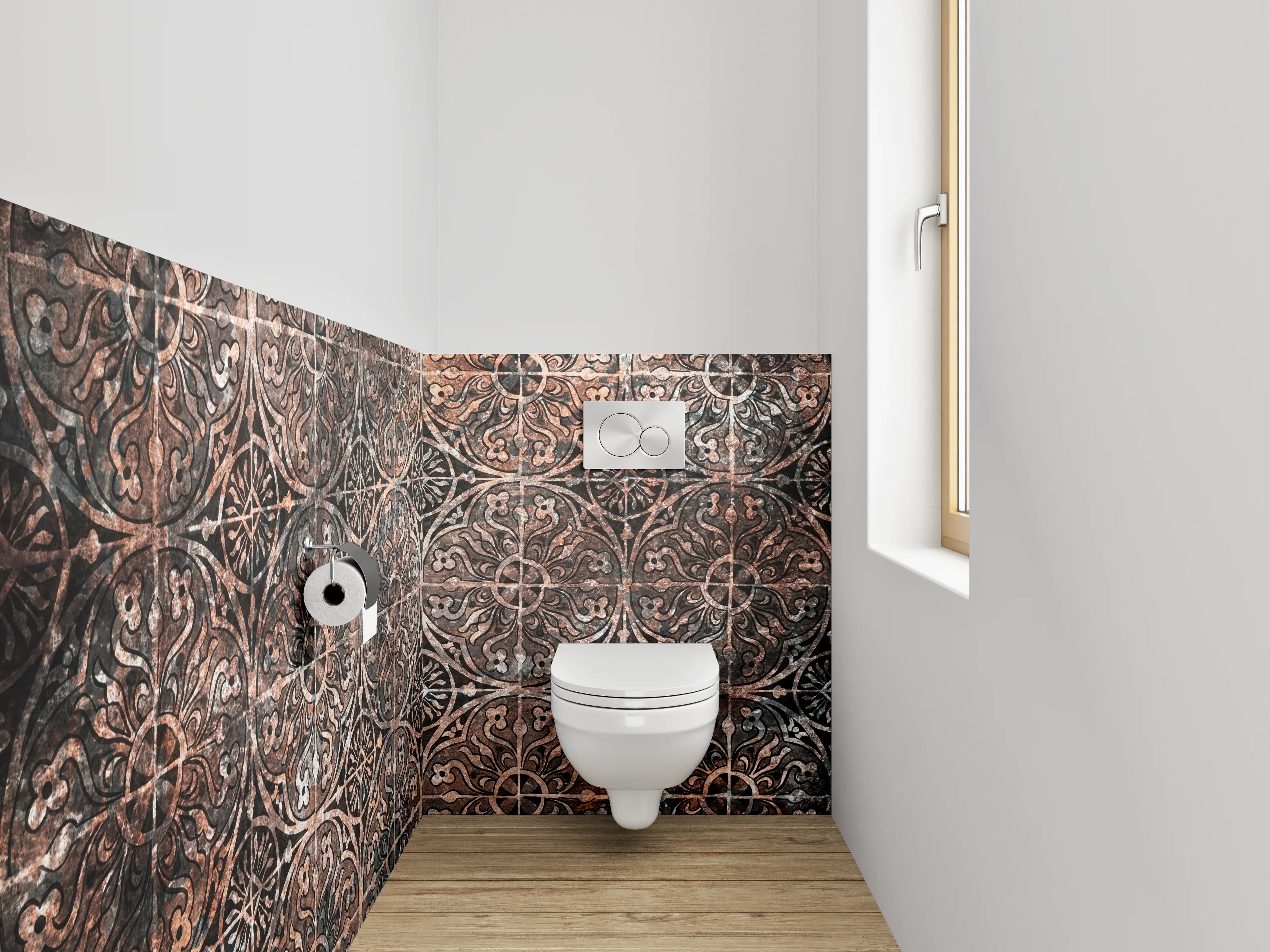 WC-Rückwand - Vintage Ornamentfliesen Kupferbraun Dekor
