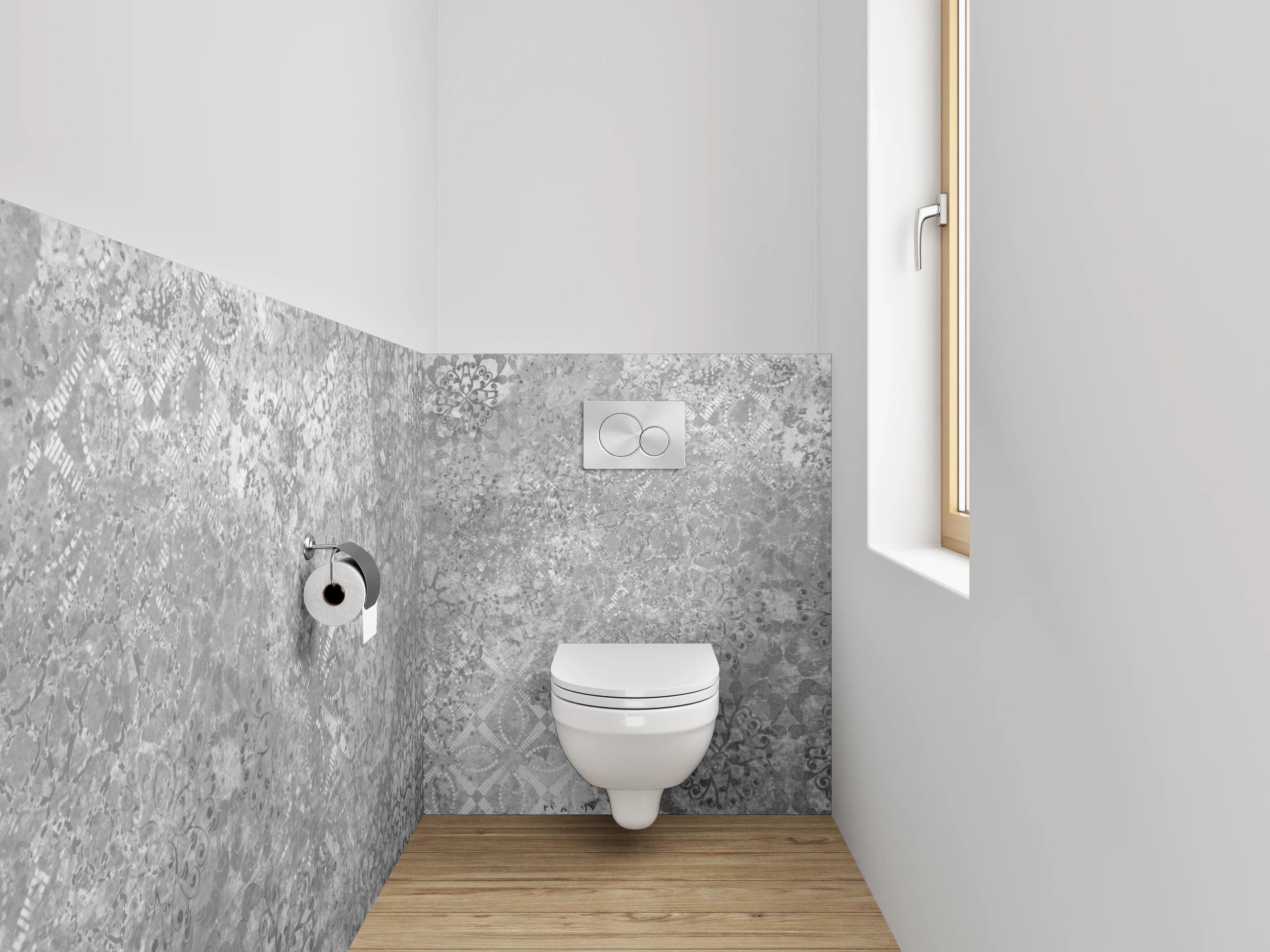 WC-Rückwand - Vintage Patchwork Fliesen Grau Weiß