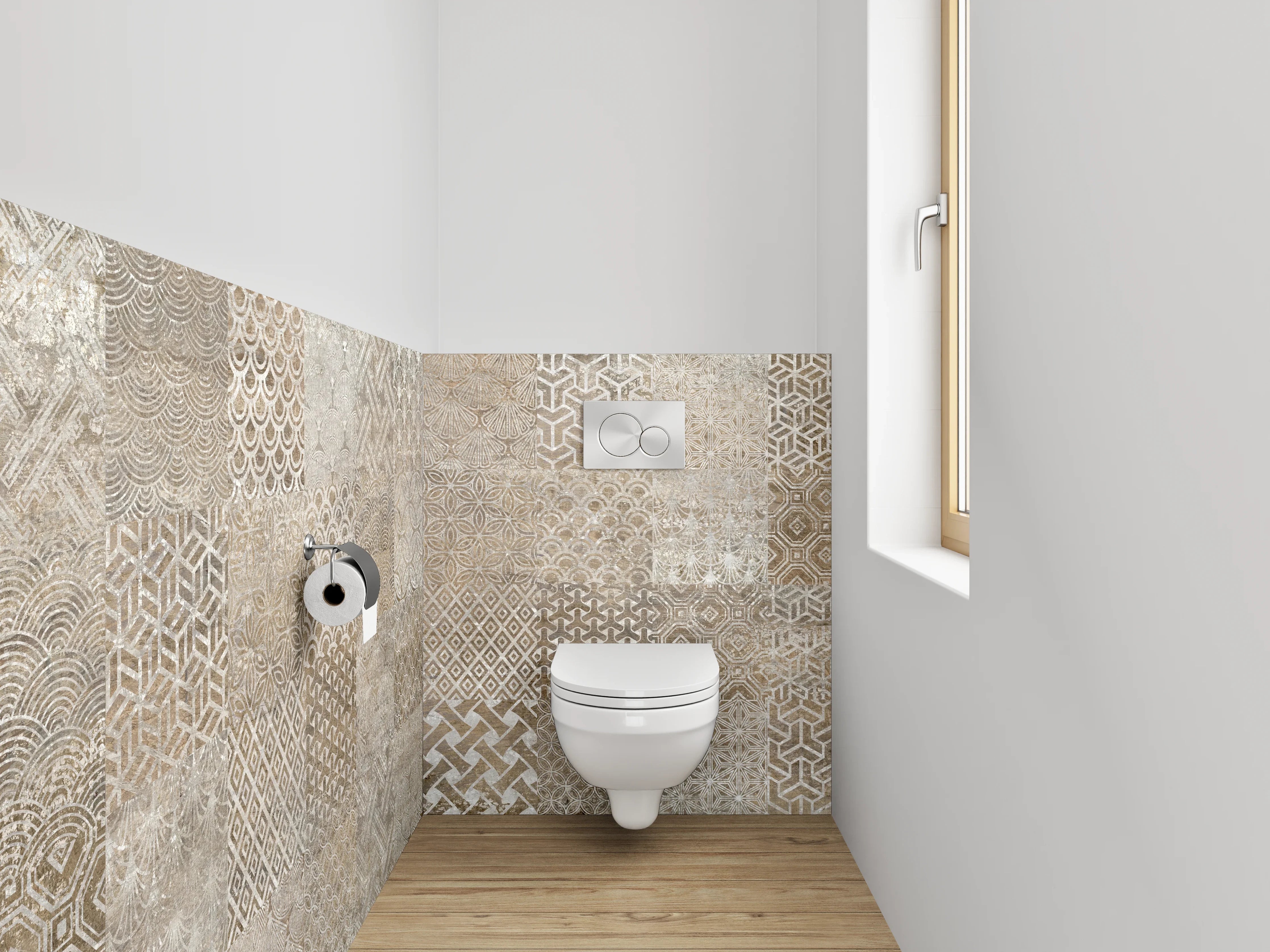 WC-Rückwand - Vintage Patchwork Fliesenmuster Braun Beige