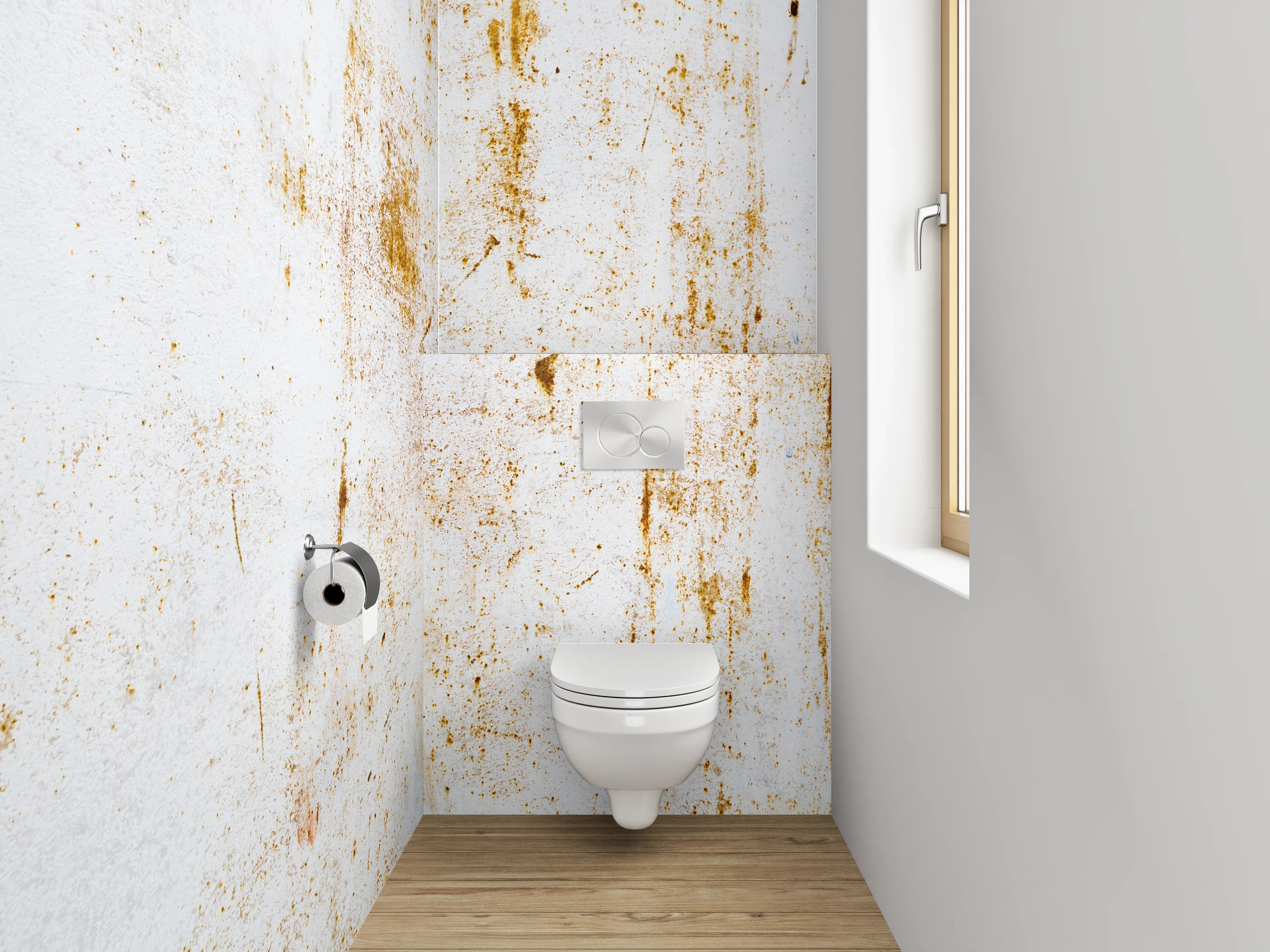 WC-Rückwand - Vintage Patina auf weißer Oberfläche