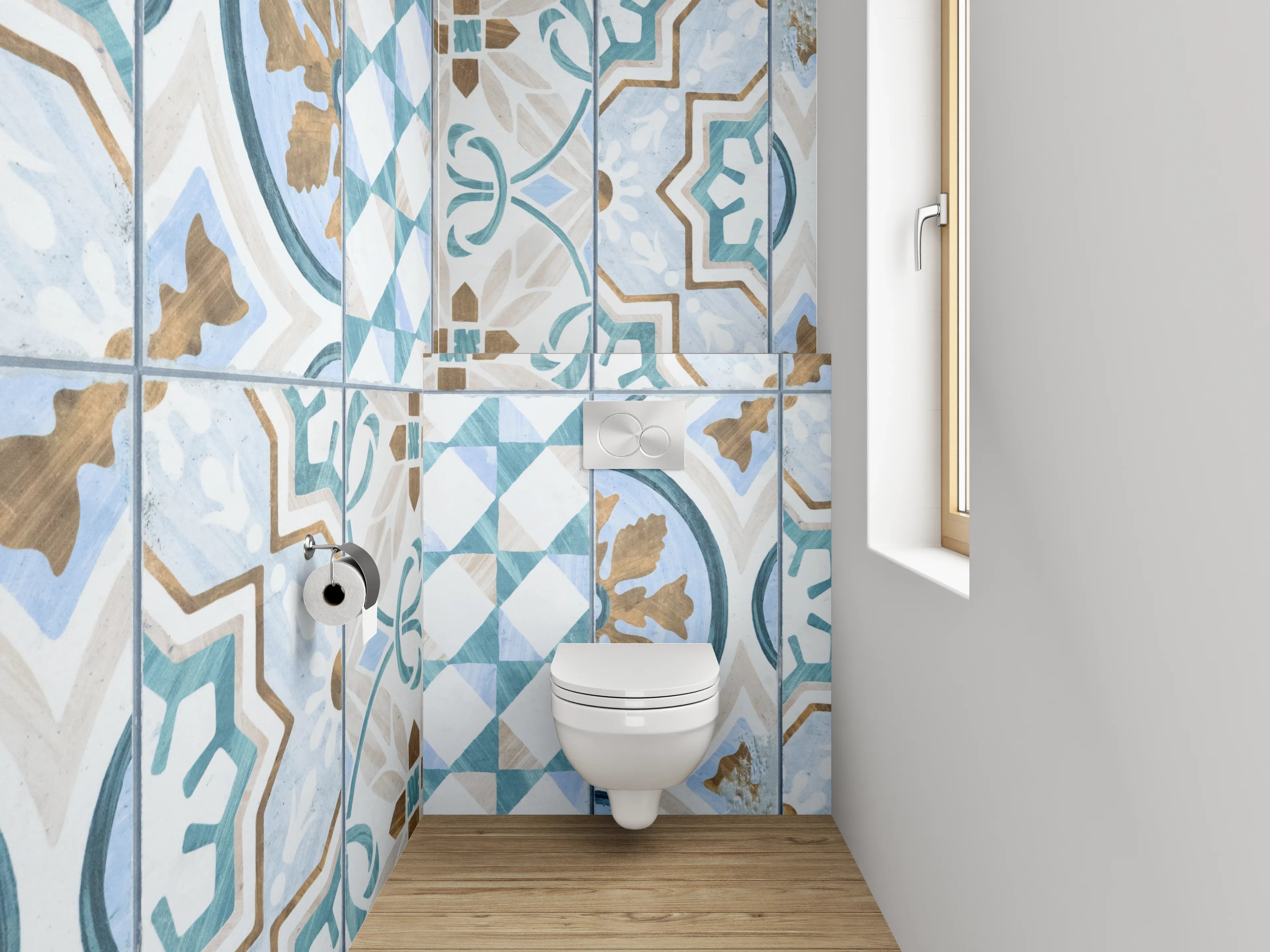 WC-Rückwand - Vintage Retro Fliesenmuster Blau Braun