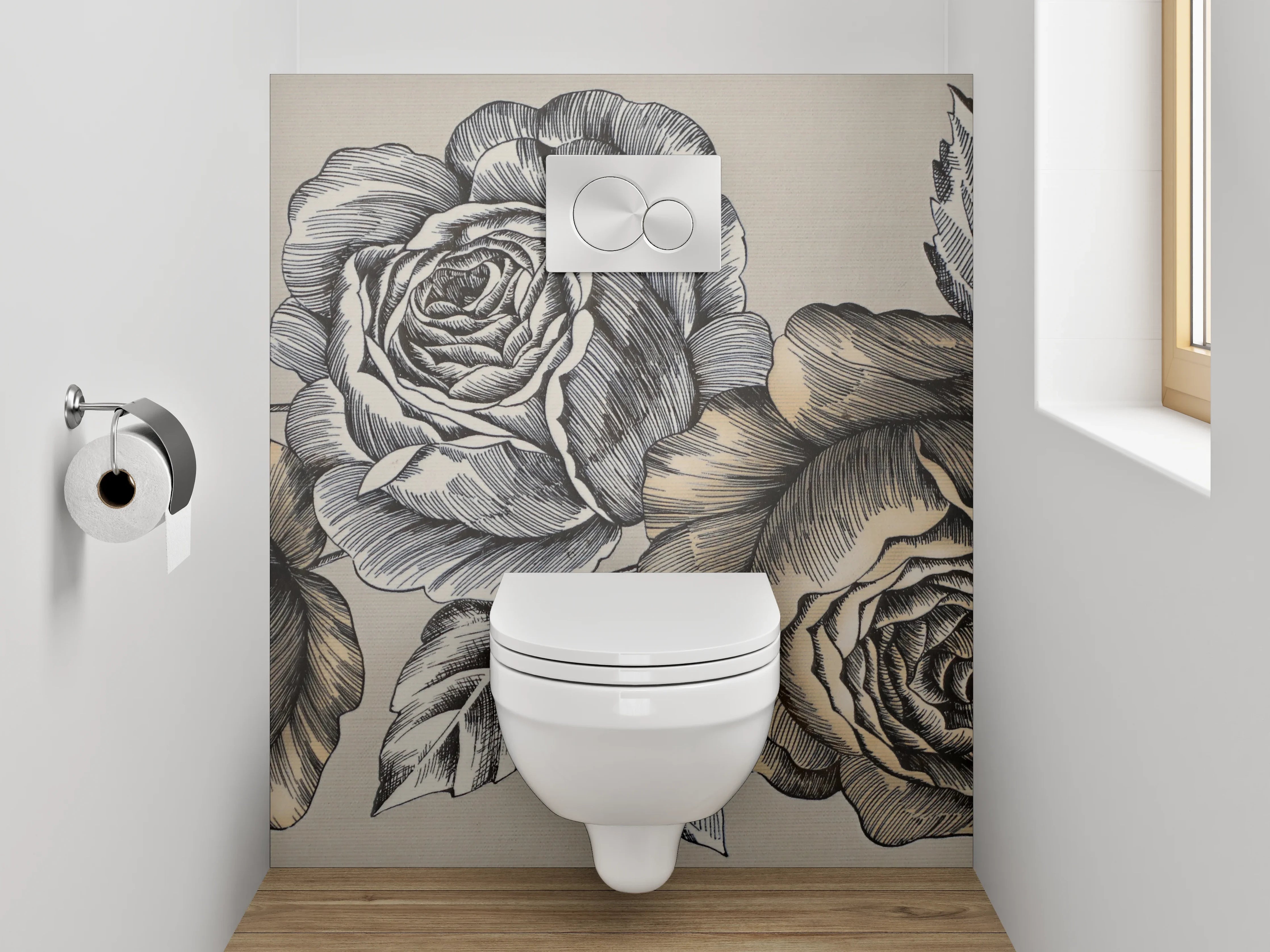 WC-Rückwand - Vintage Rosen Schwarz-Weiß Illustration