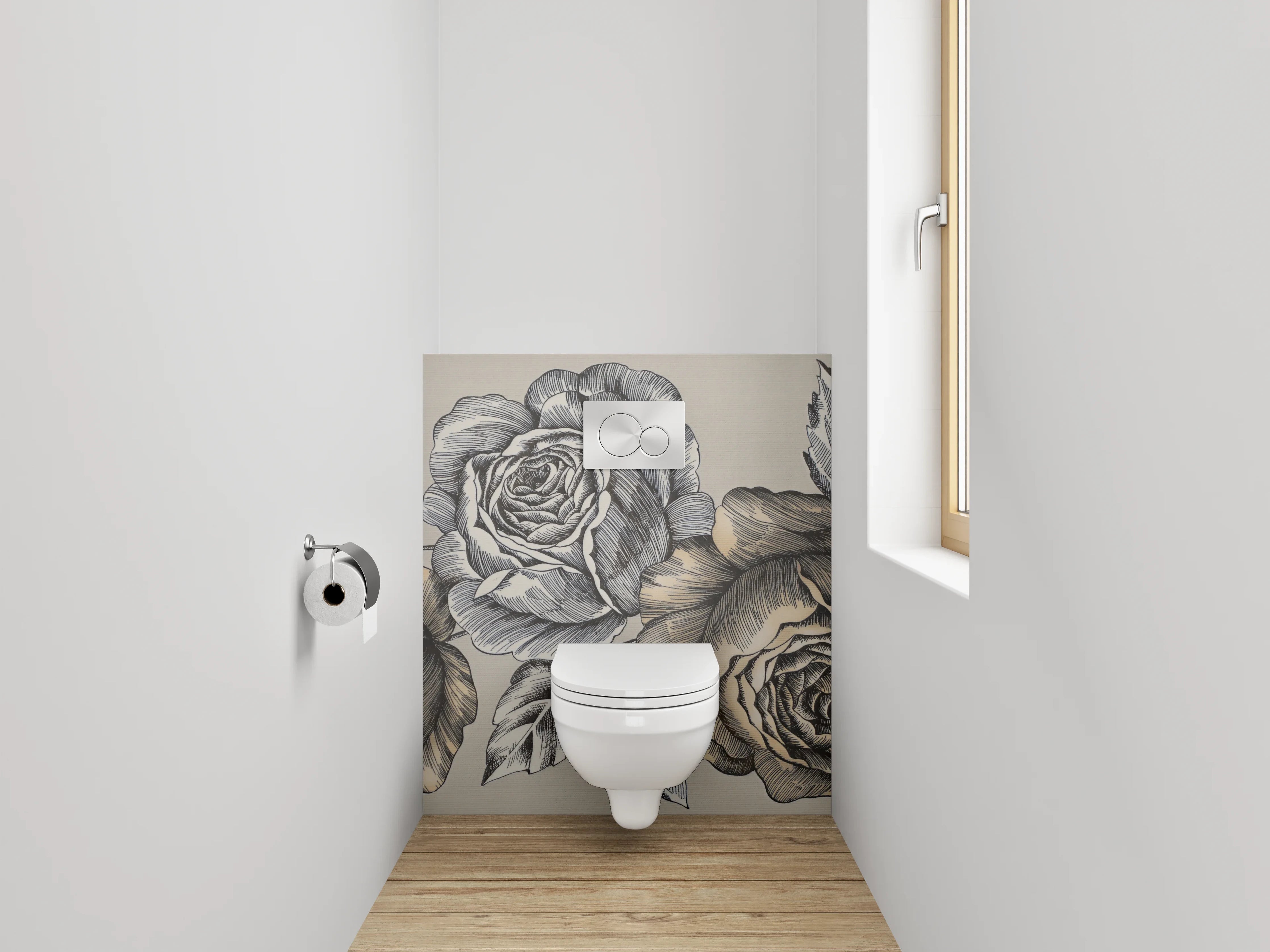 WC-Rückwand - Vintage Rosen Schwarz-Weiß Illustration