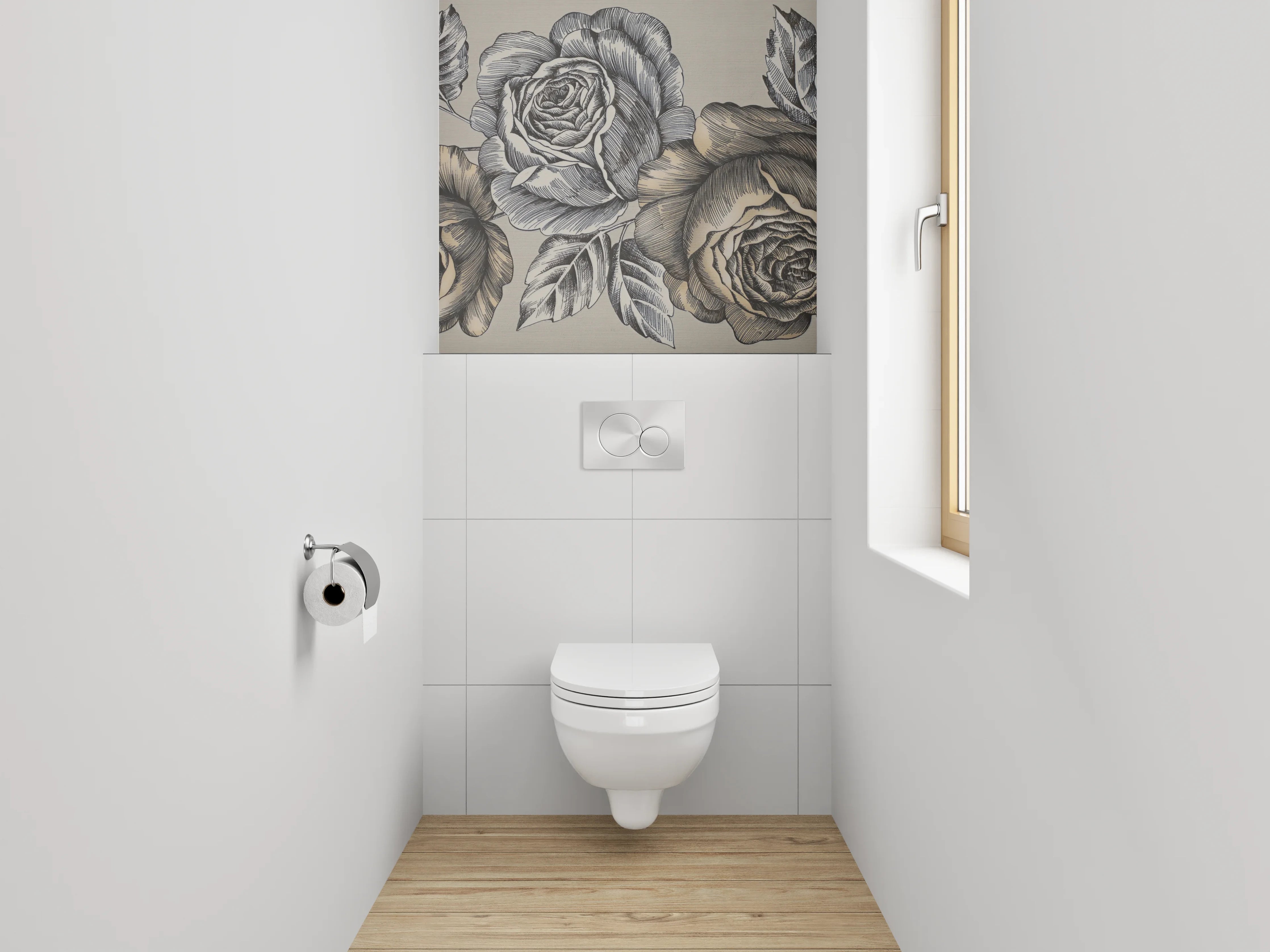 WC-Rückwand - Vintage Rosen Schwarz-Weiß Illustration