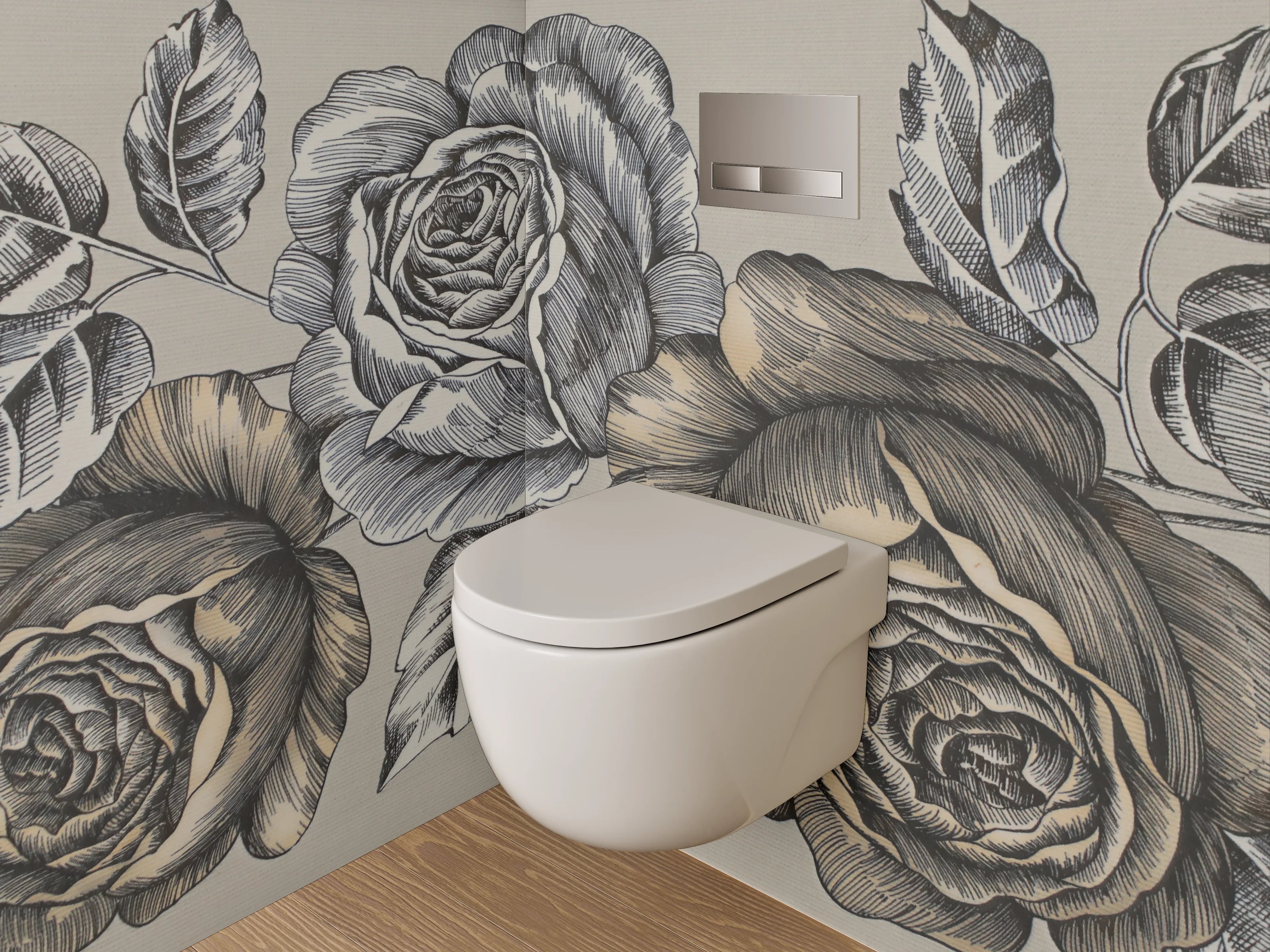 WC-Rückwand - Vintage Rosen Schwarz-Weiß Illustration