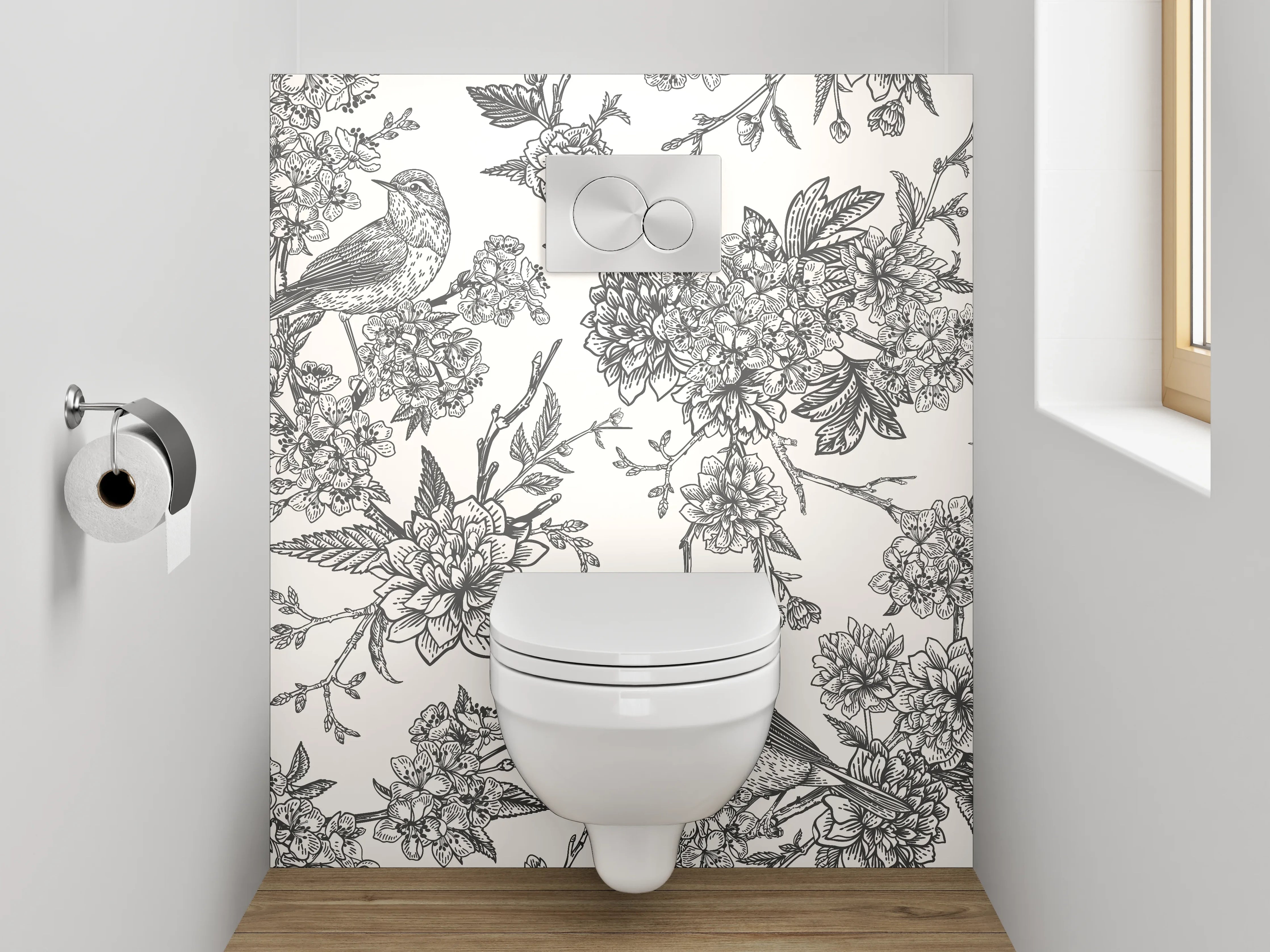 WC-Rückwand - Vintage Schwarz-Weiß Vögel und Blumen