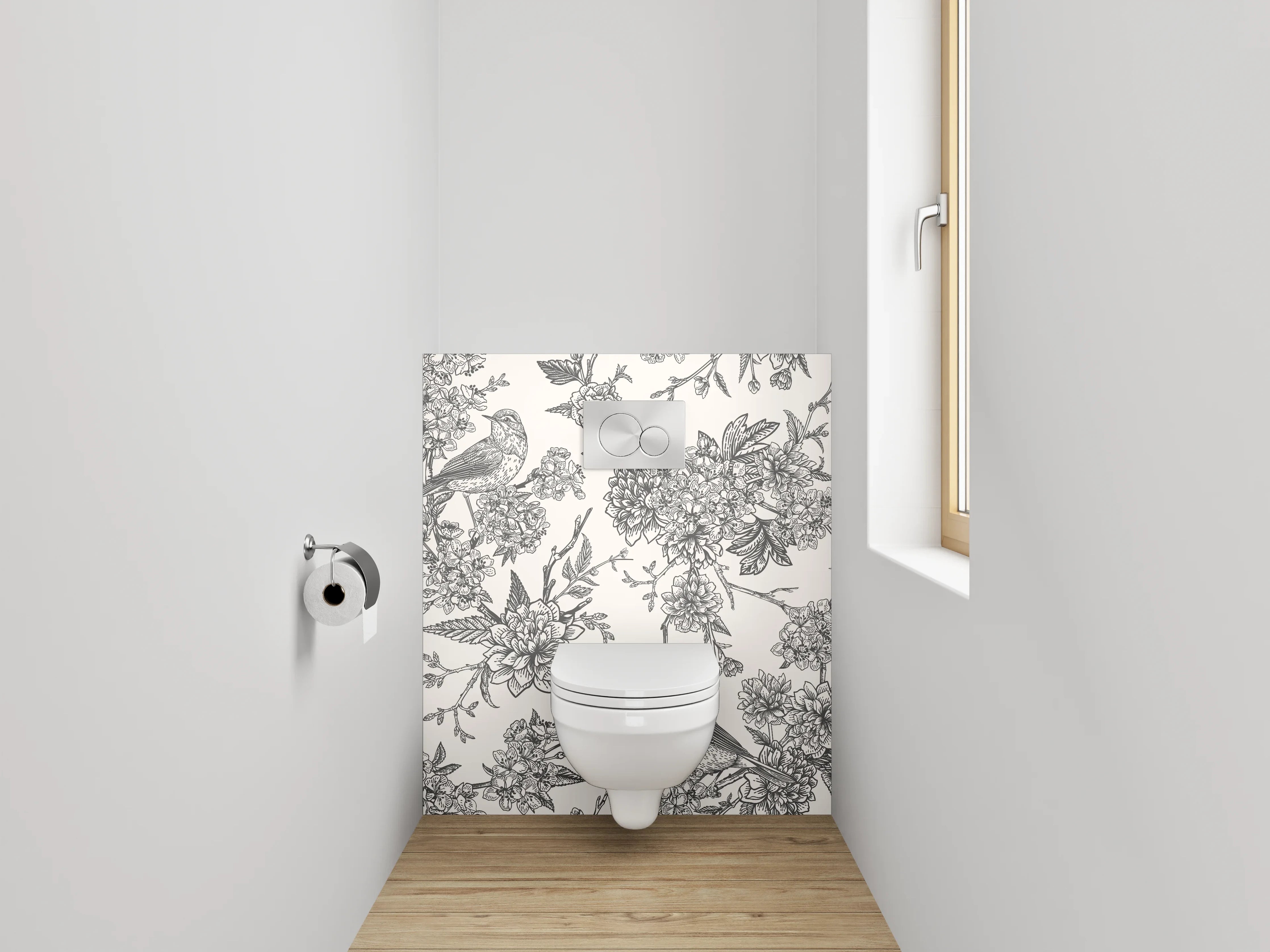 WC-Rückwand - Vintage Schwarz-Weiß Vögel und Blumen