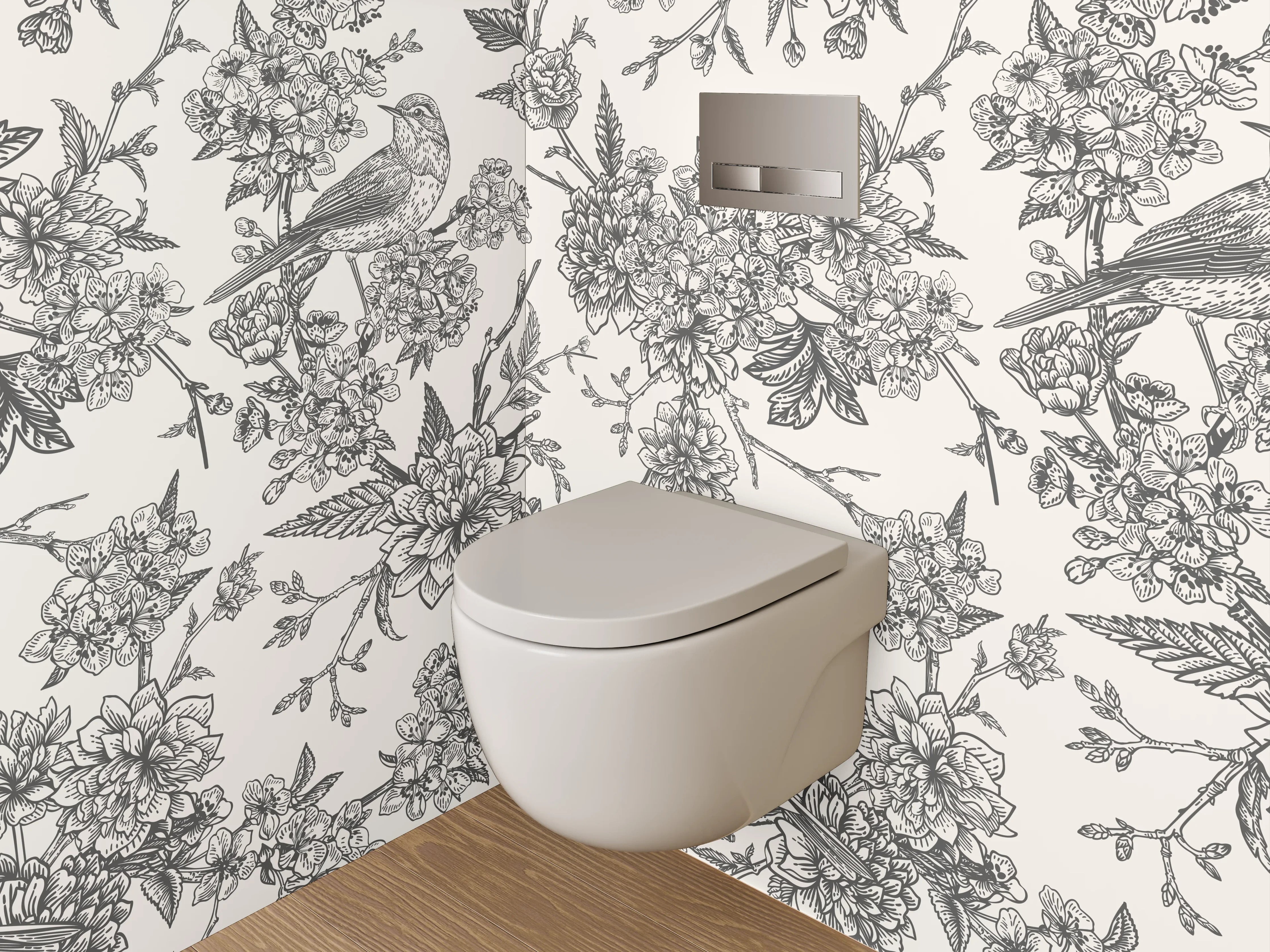 WC-Rückwand - Vintage Schwarz-Weiß Vögel und Blumen