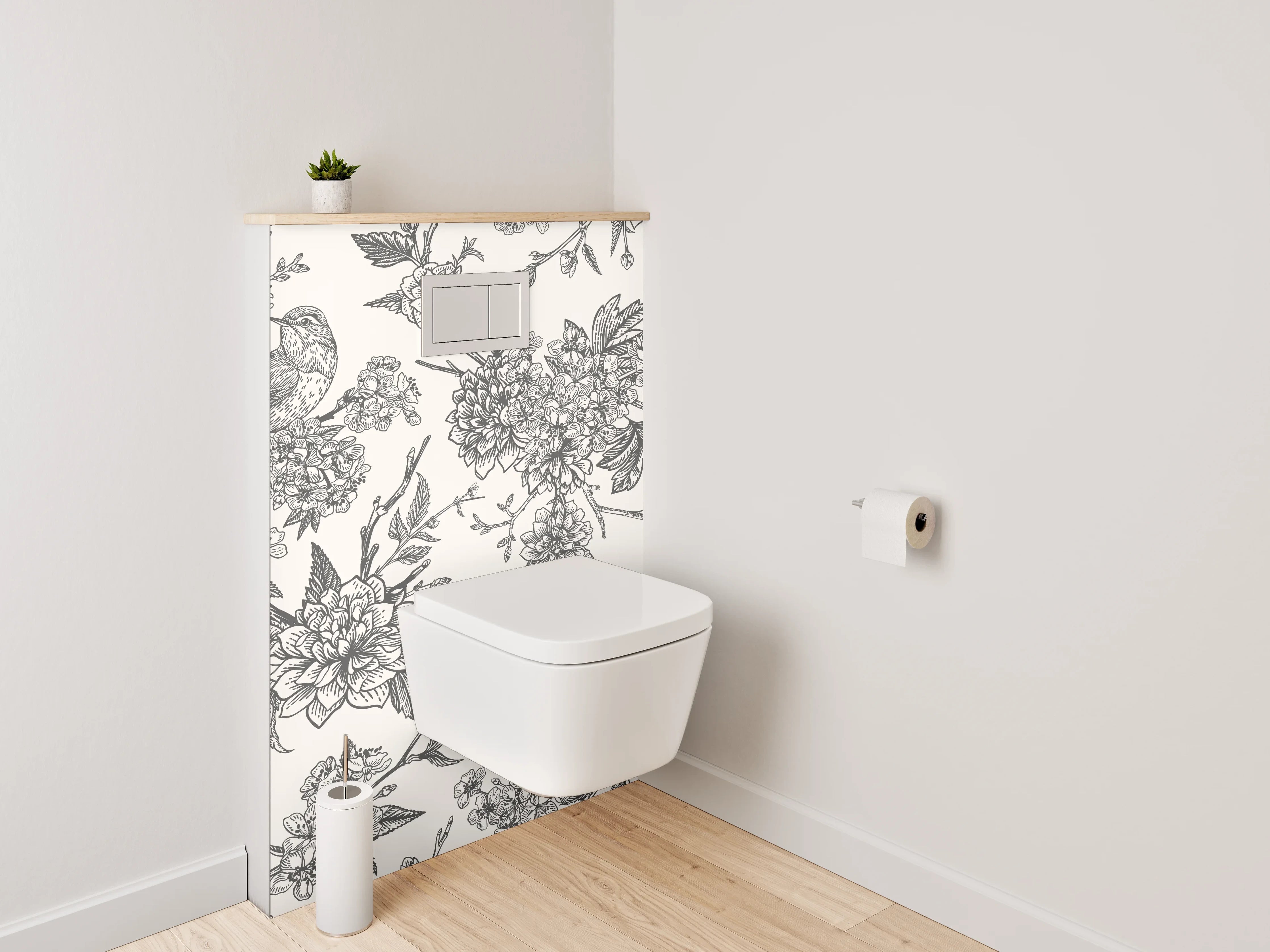 WC-Rückwand - Vintage Schwarz-Weiß Vögel und Blumen