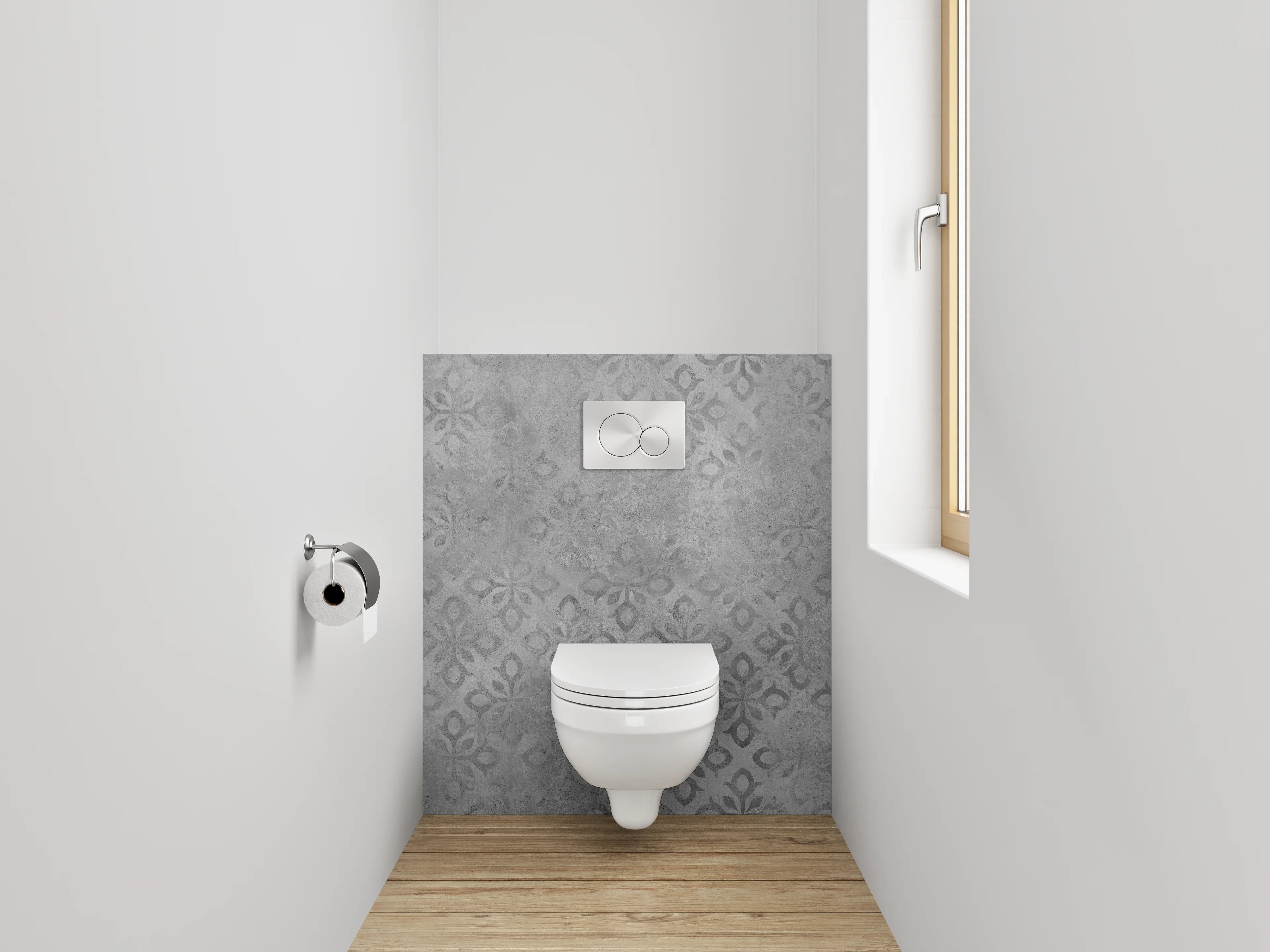 WC-Rückwand - Vintage Tapetenmuster Grau-Weiß Modern