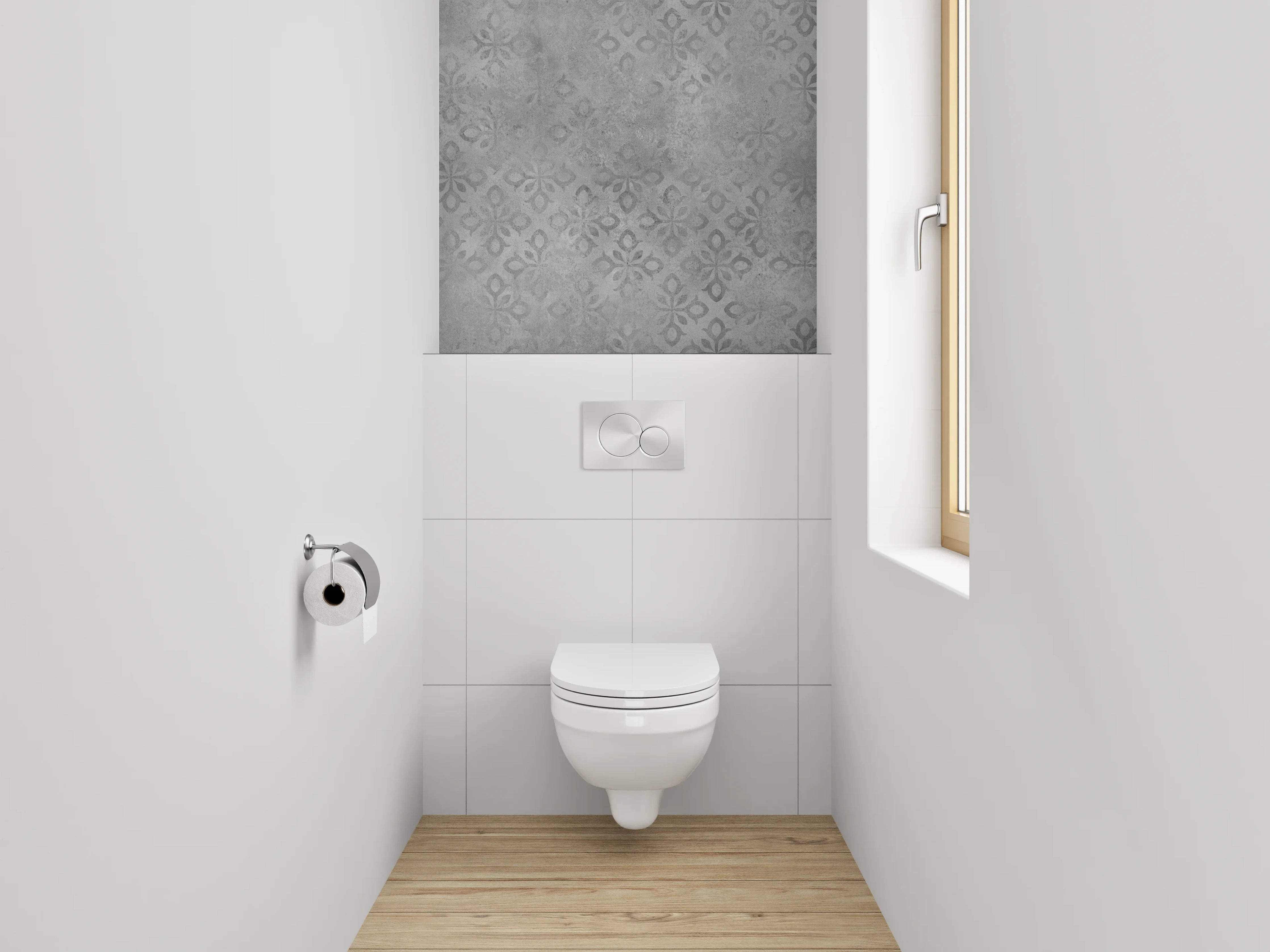 WC-Rückwand - Vintage Tapetenmuster Grau-Weiß Modern